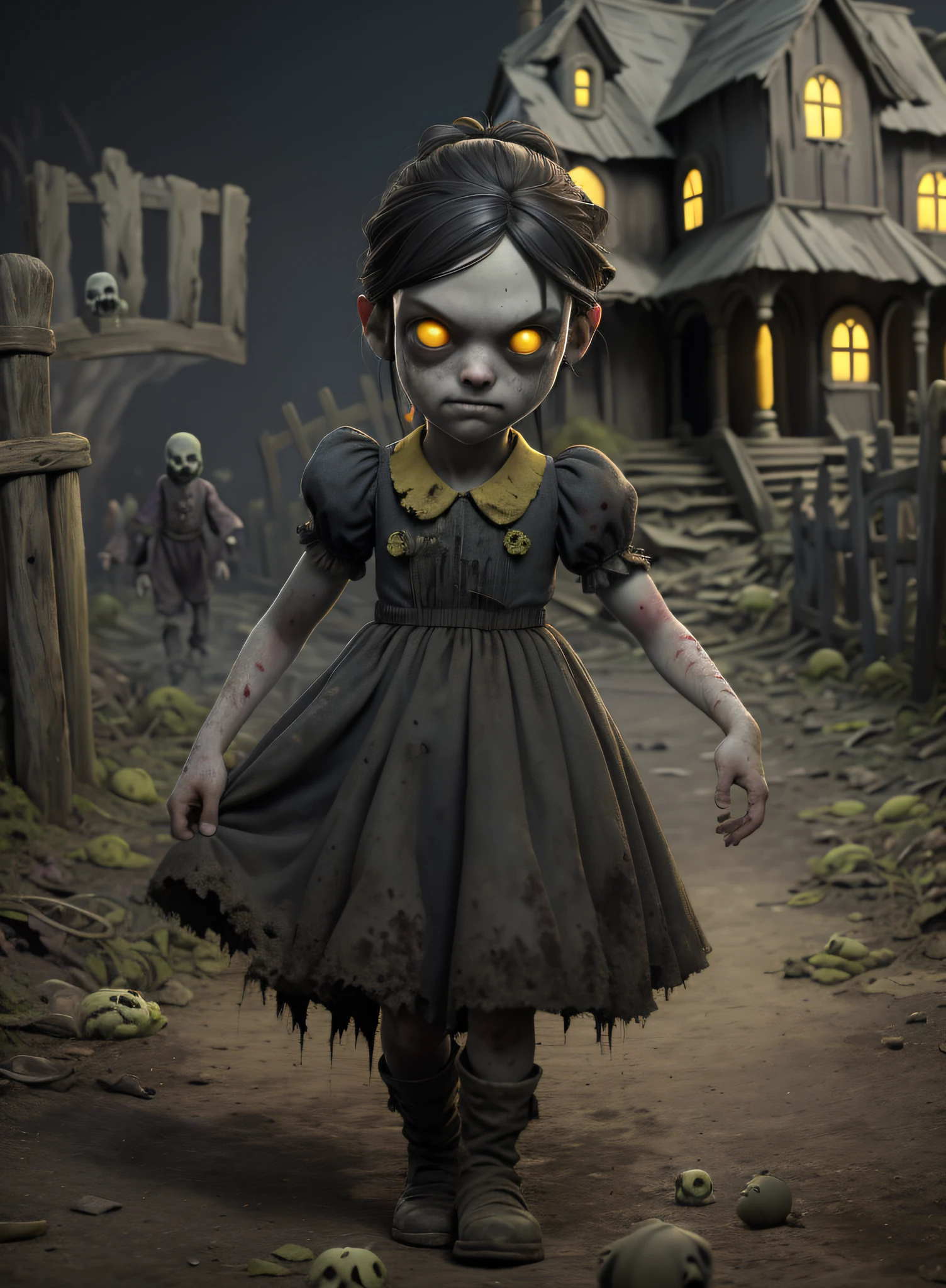 masterpiece, highres, image, best quality, 8k, best quality, ultra detailed, 1girl, , 6 yearso, 1girl, lilsis, dirty, blood, muddy panties, black hair, dress, horror \( theme\), ground, yellow eyes, dark, yellow sclera, glowing eyes, spooky, (haunted house:1.4)