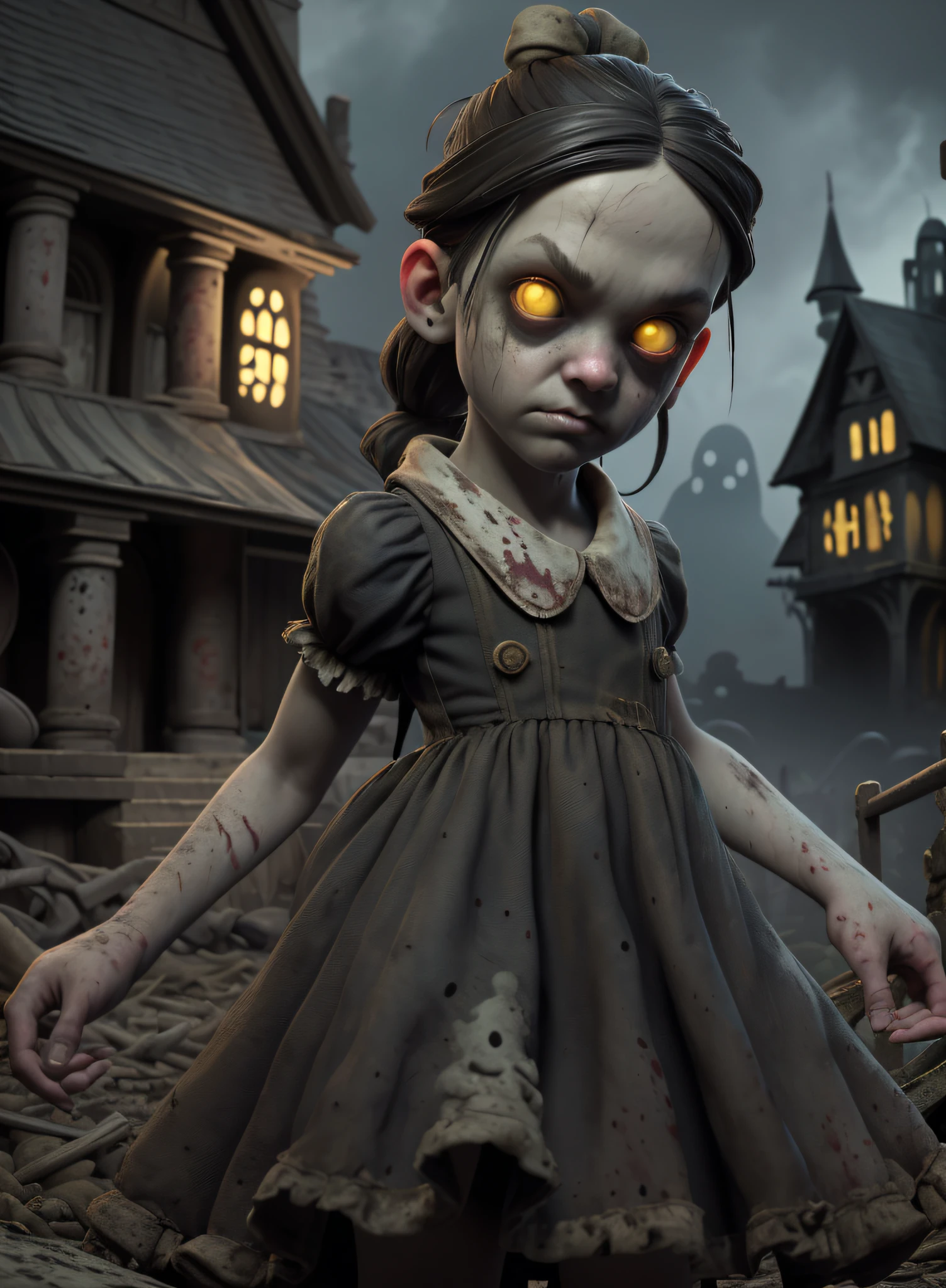 masterpiece, highres, image, best quality, 8k, best quality, ultra detailed, 1girl, child, 6 years old, solo, 1girl, lilsis, dirty, blood, muddy panties, black hair, dress, horror \( theme\), ground, yellow eyes, dark, yellow sclera, glowing eyes, spooky, (haunted house:1.4)