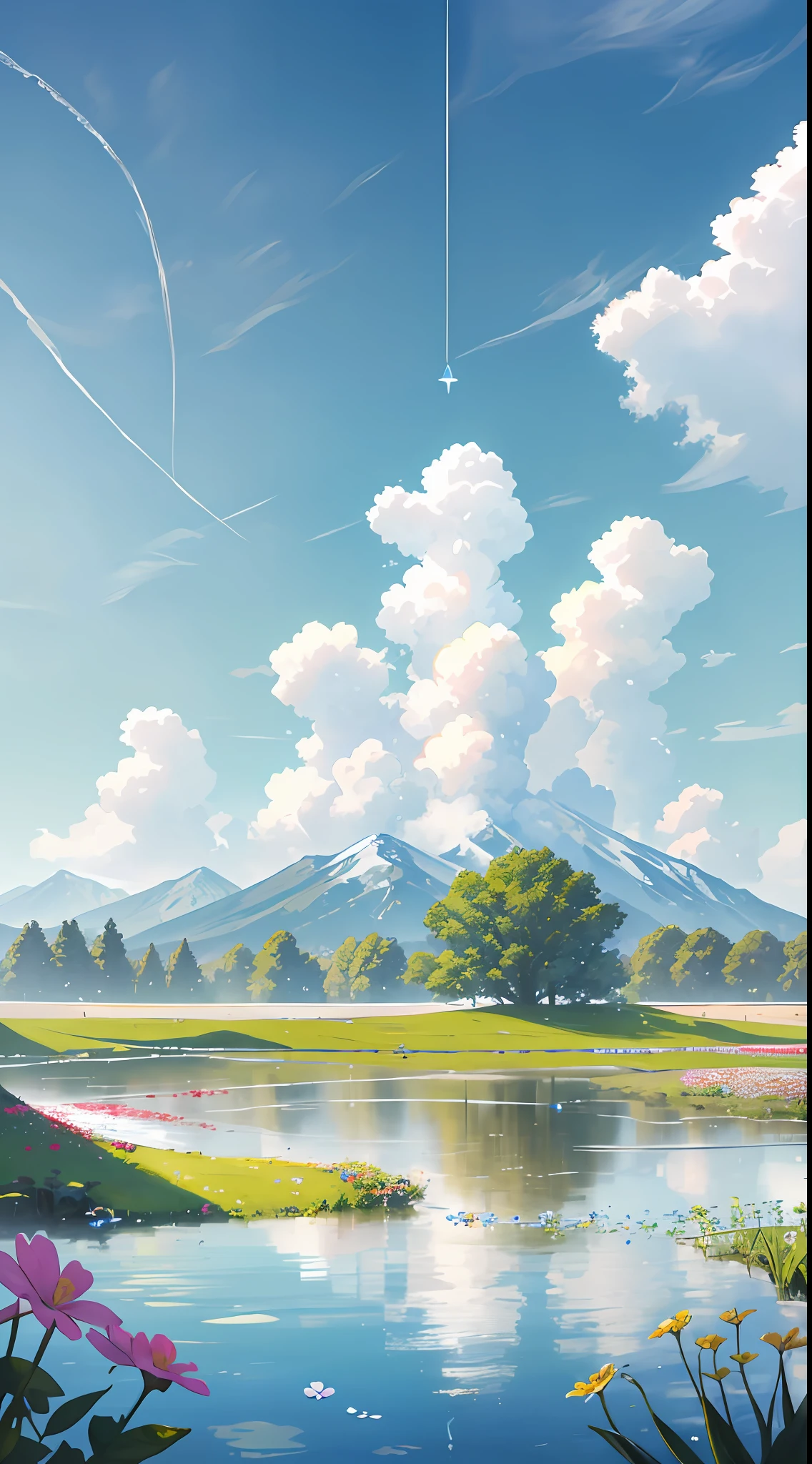 Summer, meadows, few small flowers, clear lakes, heaven, big clouds, blue sky, hot weather, HD detail, wet watermark, hyper-detail, cinematic, surrealism, soft light, deep field focus bokeh, distant is snowy mountains, ray tracing and surrealism. --v6