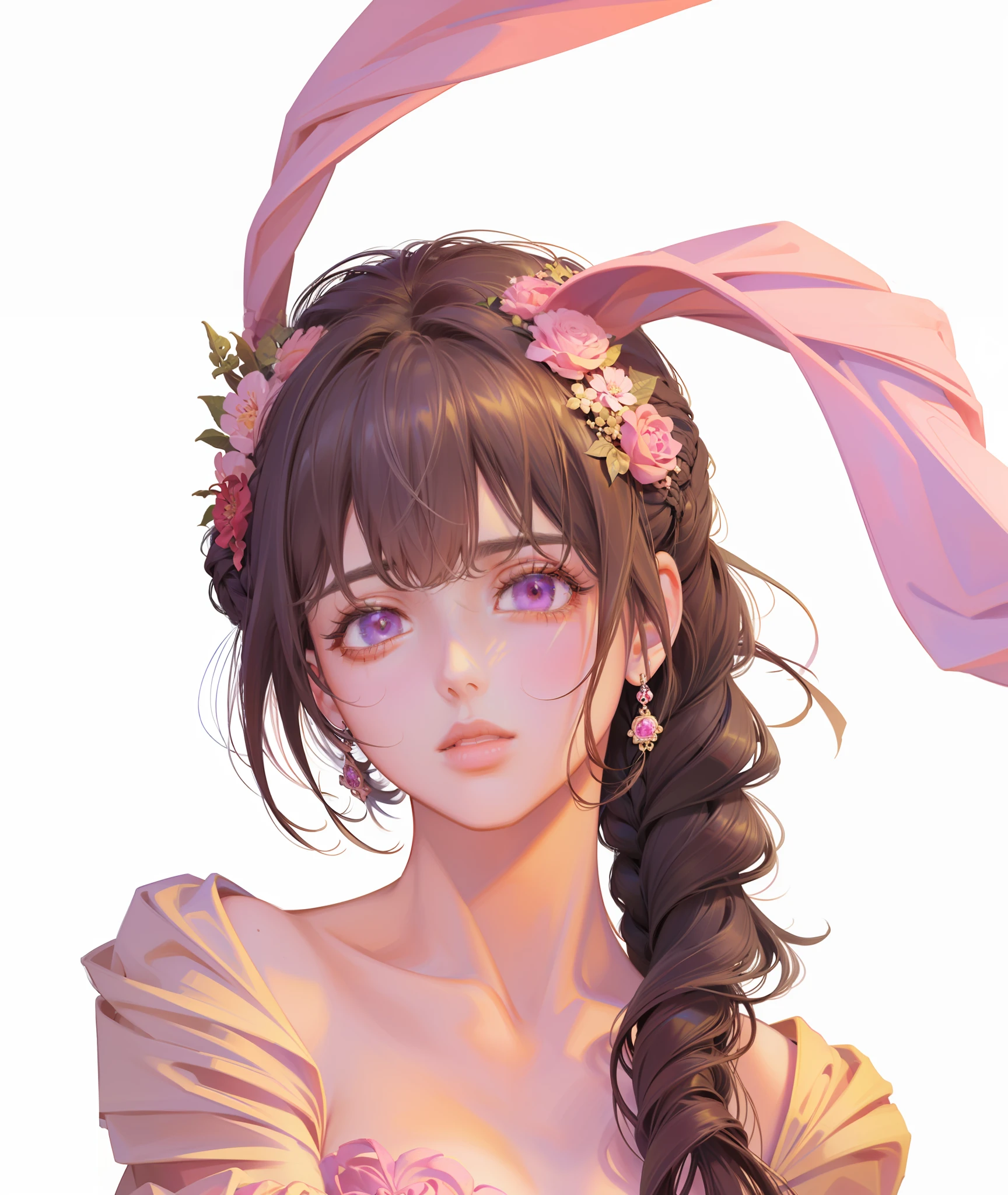 (Masterpiece, Top Quality, Best Quality, Official Art, Beauty and Aesthetics: 1.2), Very Detailed, Perfect Figure, Colorful, Most Detailed, Long Eyelashes, Pink Eyes, Rabbit Ear Hair Ornament, Twisted Braids, Bright Eyes, Dreamy, Natural Light
