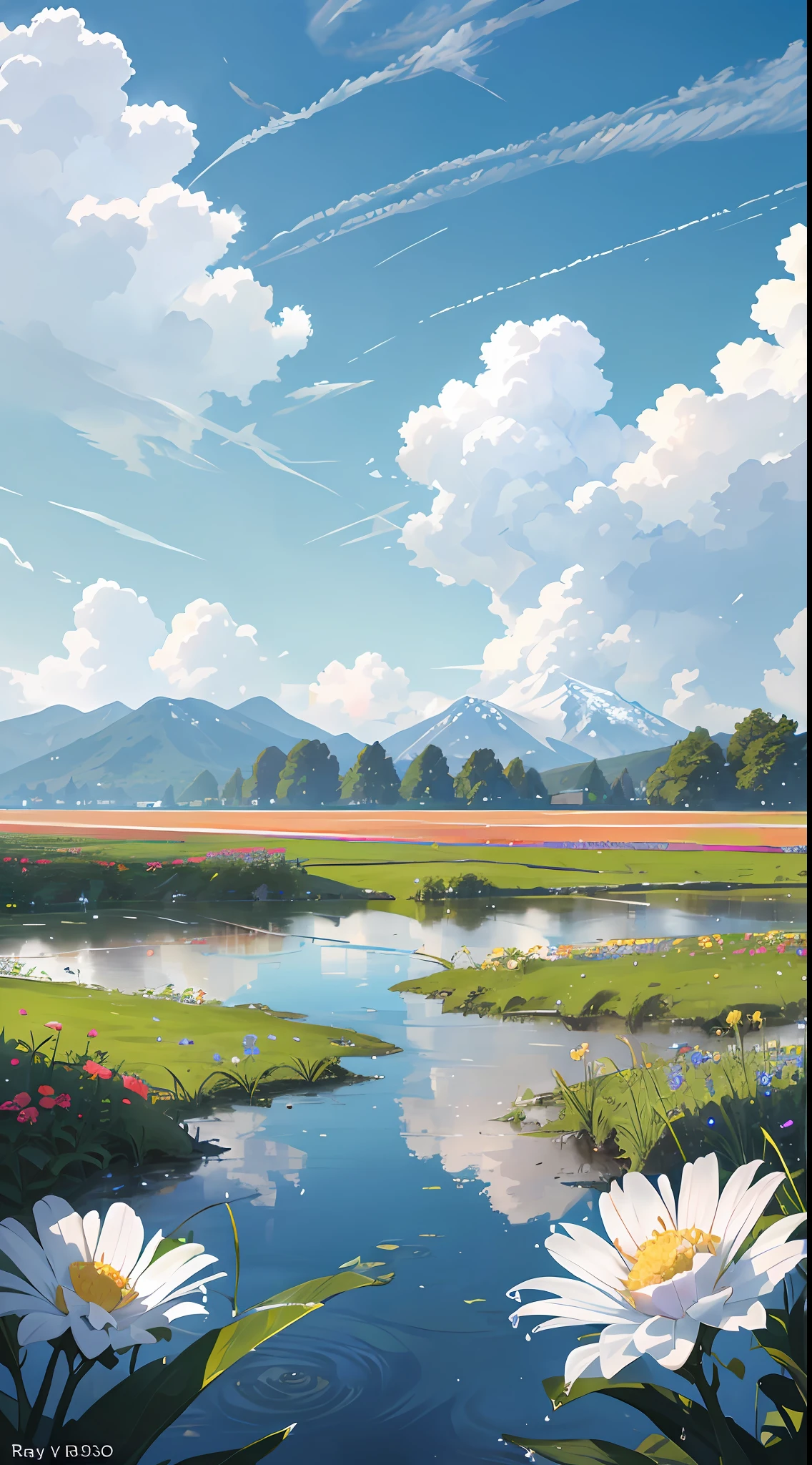 Summer, meadows, few small flowers, clear lakes, heaven, big clouds, blue sky, hot weather, HD detail, wet watermark, hyper-detail, cinematic, surrealism, soft light, deep field focus bokeh, distant is snowy mountains, ray tracing and surrealism. --v6