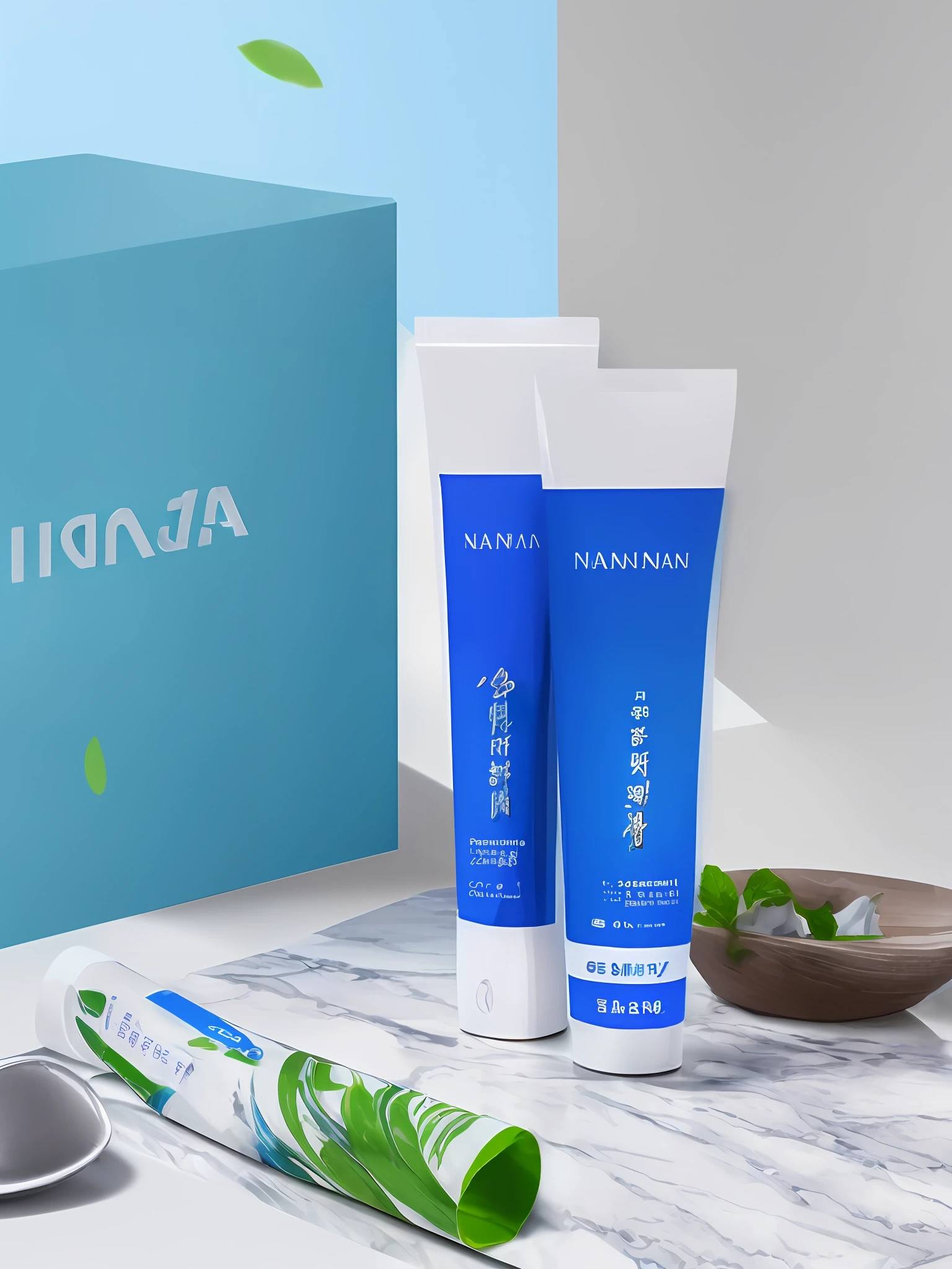 (High quality local rendering, Nanquan, toothpaste refinery, high-quality exposure, toothpaste on the counter , beautiful product photos, product pictures with brand name, only show the partial chiba effect of toothpaste)
