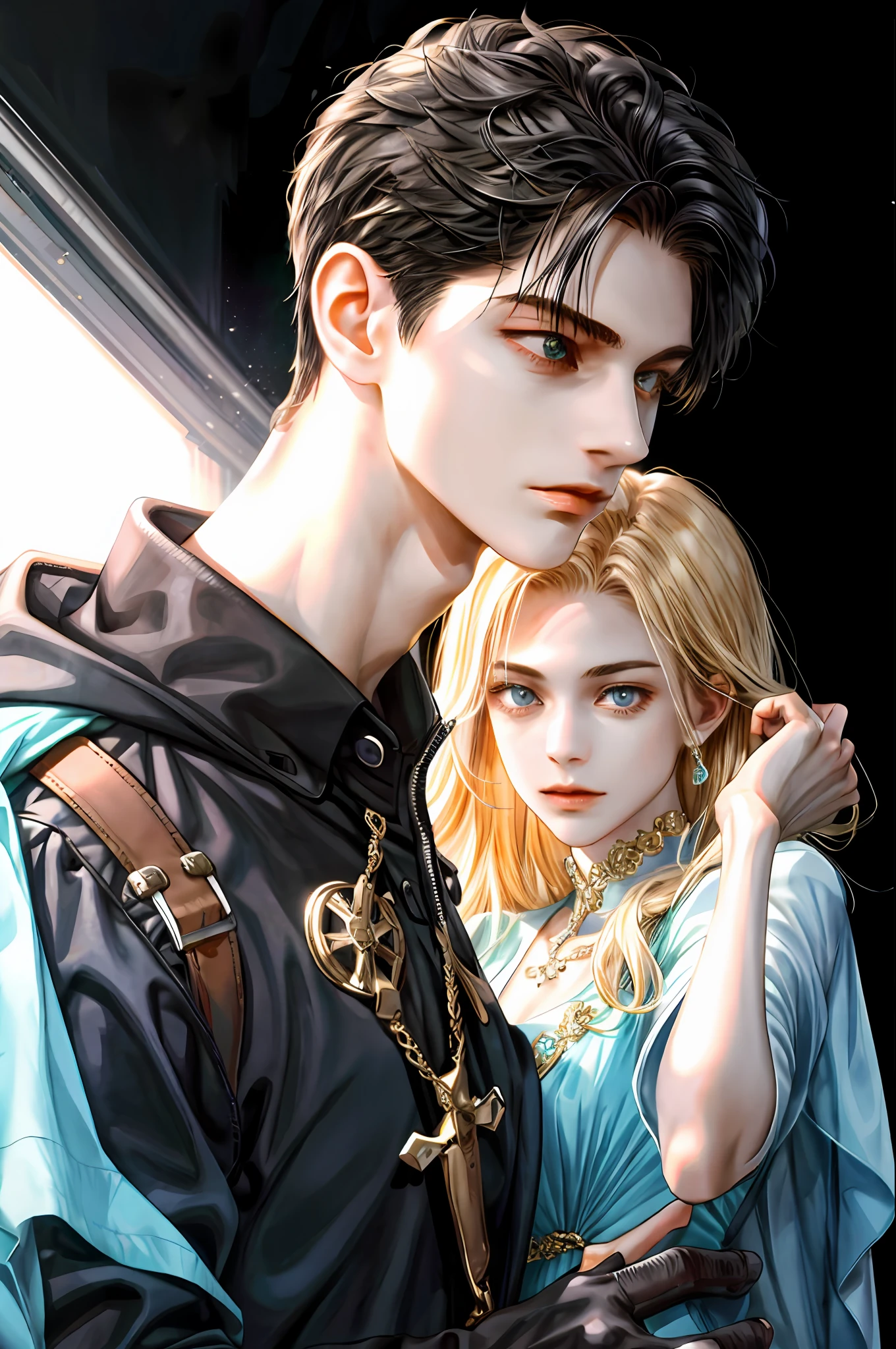 (masterpiece, best quality), 2others, couple, 1boy with 1girl, Height difference, different color, upper body, from side, profile, simple background, white background, extremely detailed eyes