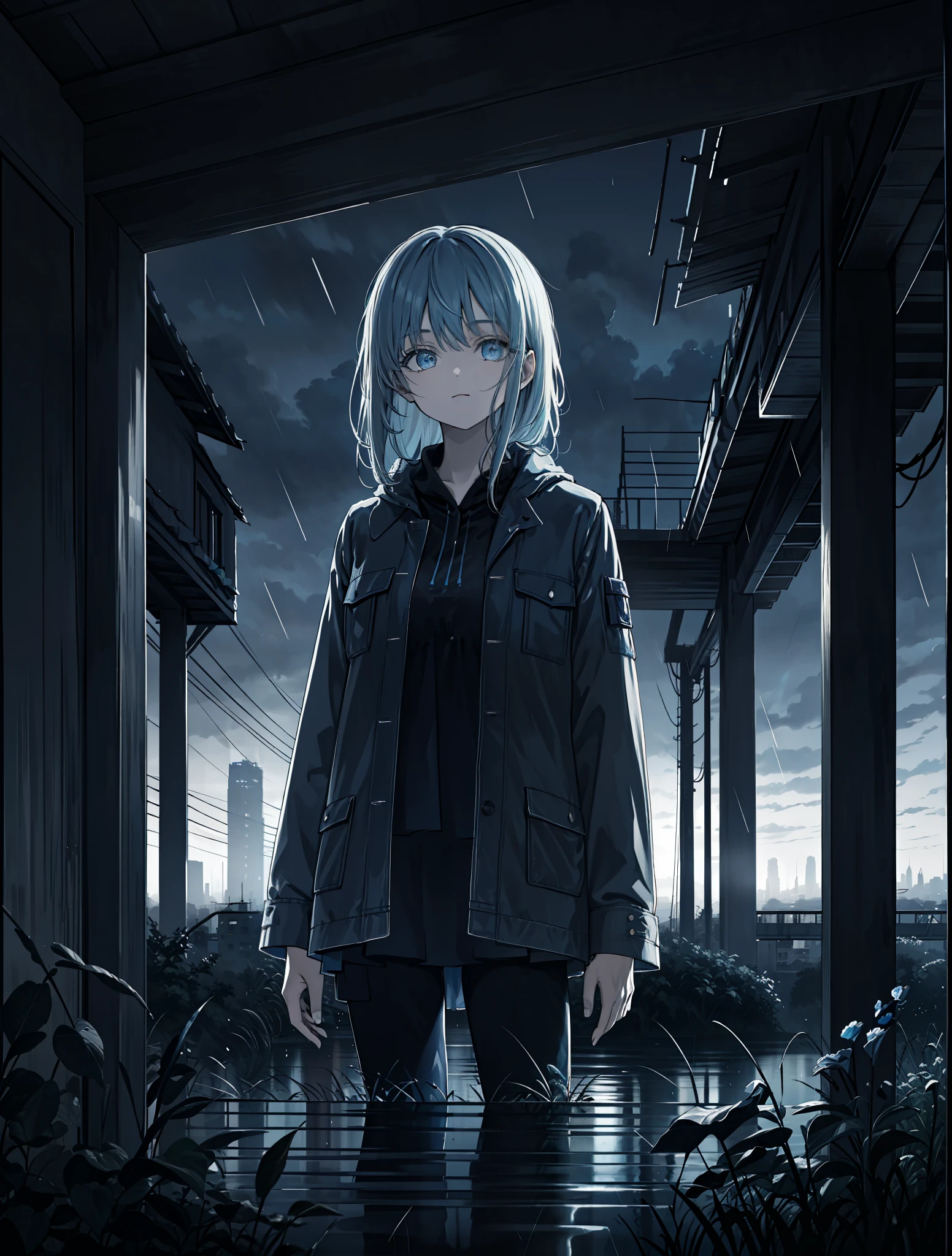 phblue, scenery, no humans, landscape,  (masterpiece,best quality:1.4), blue theme, city, dusk, 1girl, rain,cowboy shot, close up,