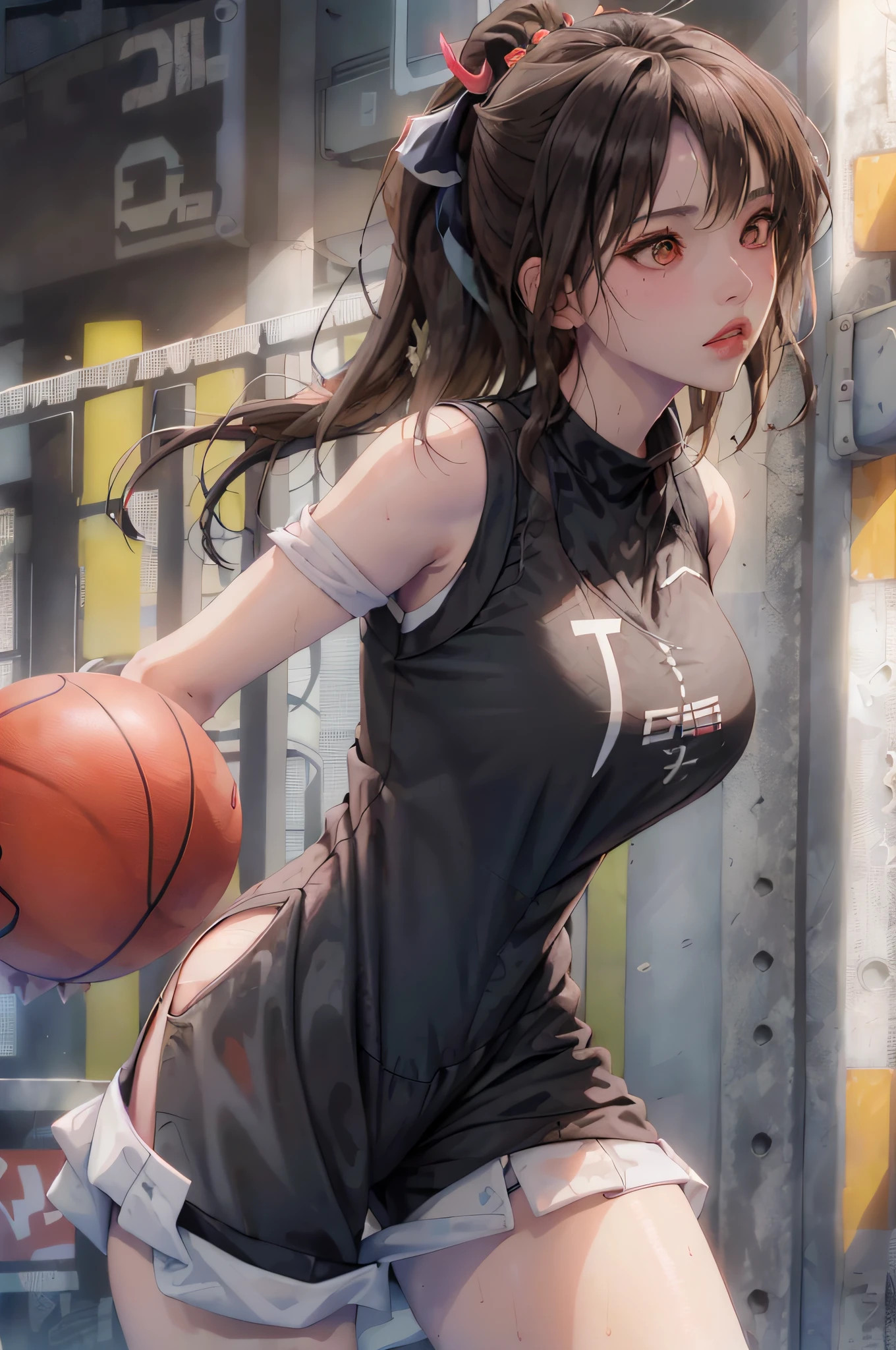 Masterpiece: 1.2, best quality), realistic, (real picture, rich details details, depth of field), (1girl, solo), makeup, cleft lip, high detail, perfect face shape, (big breasts: 1.4), (skindentation), thick thighs, wide buttocks, Thin waist, tall, coral, red lips, red eyes, ponytail, (((((basketball girl, transparent black basketball suit)))), (sweat: 1.2), (wet), sexy, blushing, sweaty