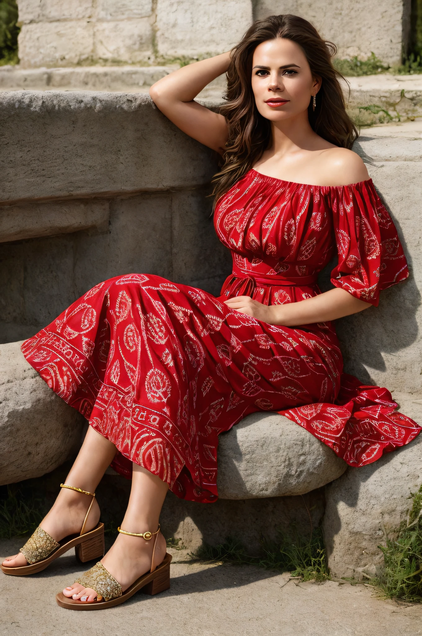 (Thirty year old) woman, wearing a (flowing red patterned summer off-shoulder chiffon maxi dress::1.3), (beautiful legs and feet::1.2), (wearing sandals::1.3), Mediterranean town, relaxed pose, looking directly at camera, smile, flirty, fun, beautiful beach landscape, Canon, (Detailed features::1.2), real life. Hayley Atwell, intricate, 8k, highly detailed, (extremely detailed CG unity 8k wallpaper), ((square jaw)), (well defined jaw), (downturned lips), (detailed anatomy), Hyperrealistic full shot body image, trending on CGSociety, Intricate, High Detail, Sharp focus, dramatic, volumetric lighting, strong sunshine, vibrant colours, fine art photography, intense, modelshoot style, (extremely detailed CG unity 8k wallpaper), full shot body photo of the most beautiful artwork in the world, pearl skin, by Andre Kohn