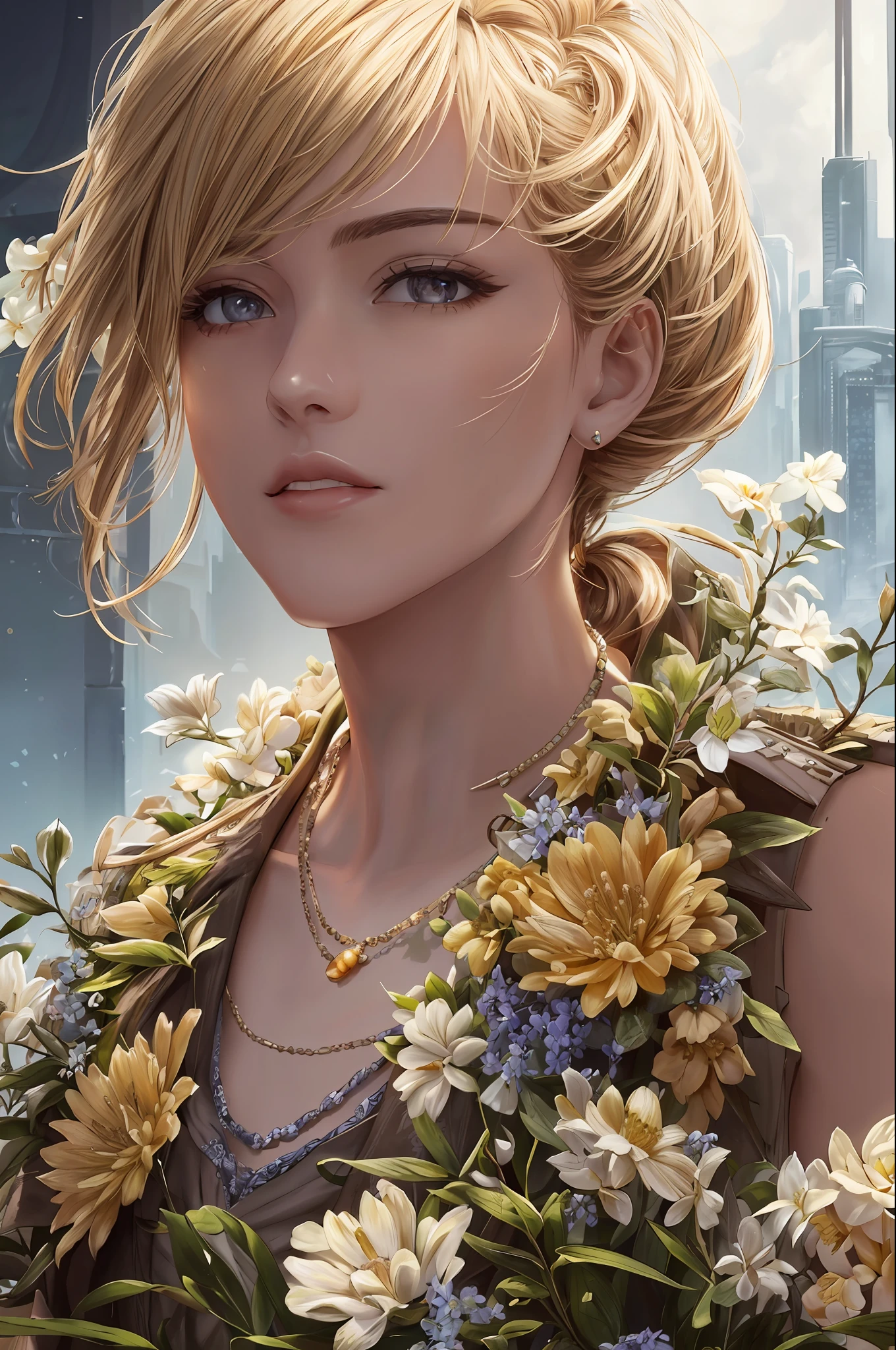 (masterpiece, best quality, ultra-detailed, highres), perfect face, sidelighting, lustrous skin,(bloom), (shine), lighting, ray tracing, sci-fi, solo,flower,1boy, male focus, solo, blonde hair, sunglasses, necklace, jewelry, white background, upper body, ponytail, simple background, collarbone, vest, depth_of_field,very detailed background, highly detailed background, Masterpiece, Ultra detailed, great composition,Dynamic angle,[Bottle bottom],(wide shot), extremely delicate and beautiful,(Highest picture quality), (Master's work),   depth of field, solo, extreme light and shadow, masterpiece, rich in detail, (fine features), (highest quality), (masterpiece), (detailed eyes), (beautiful) detailed,beautiful detailed eyes,(straight-on), full body, cyberpunk:1,(extremely detailed octane render 8k wallpaper),(masterpiece), (best quality), (ultra-detailed), (best illustration),(best shadow),perfect lighting ,vivid colors,