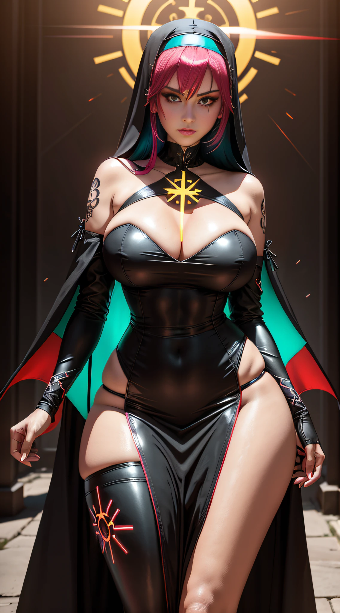 Neon colored hair, milf, battle goth nun, sun symbol on skin, sexy nun's dress, black red anarelo, filigrams, large breasts and necklines, transparency, reflective, glow, runes
