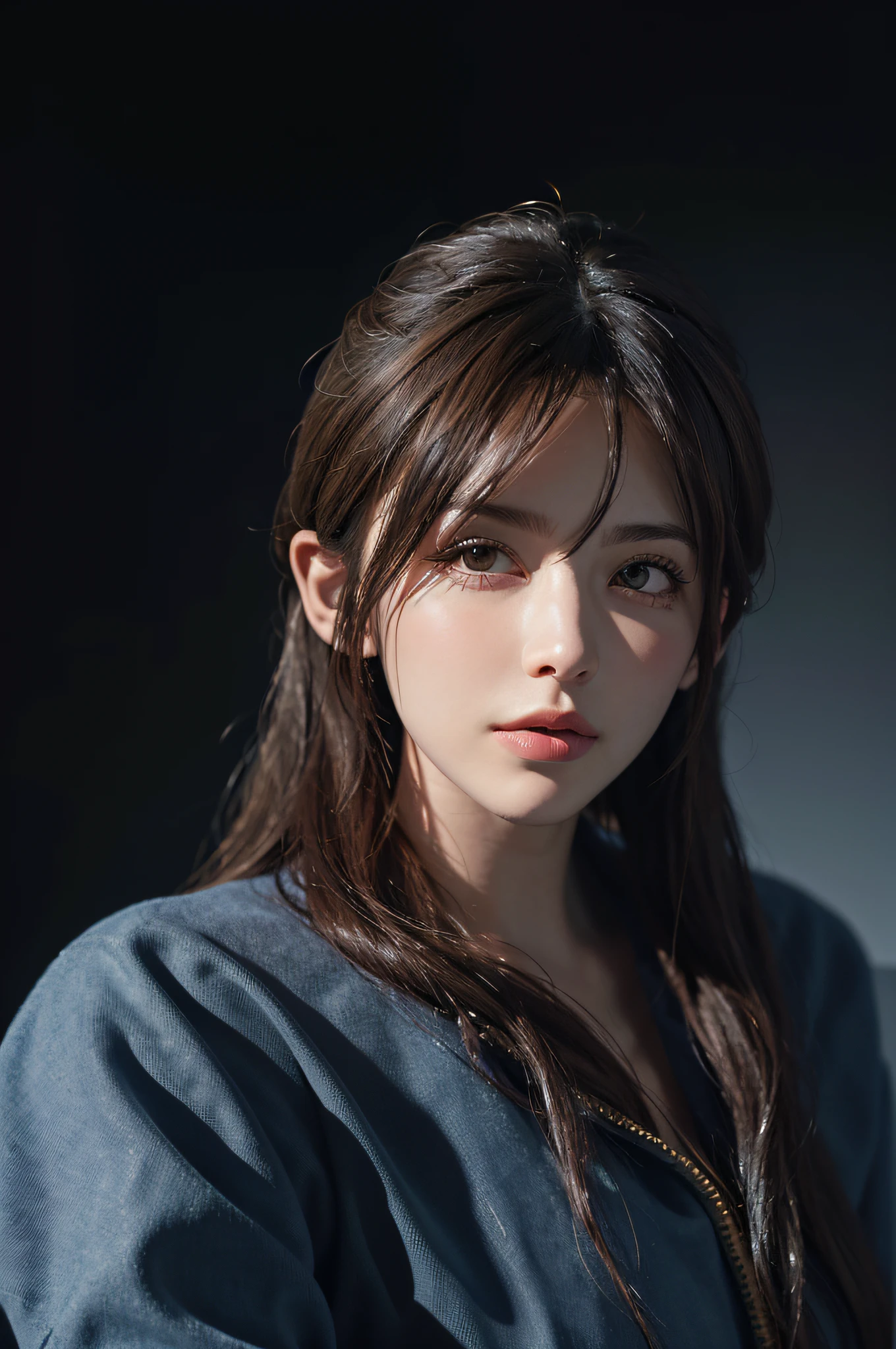 (Female Portrait Hyperrealism: 1.3), (Dark Realism: 1.5), Surreal Male Portrait by David Hockney and Alphonse Mucha, fantasy, photo-realistic, special lighting effects, wallpaper, Volume-based AO, Very Detailed Faces, 4K resolution, Award-winning, 1 female figure, Deep shadows, Low Tones, Denim lens, (Official Uniform: 1.4), Long white hair.