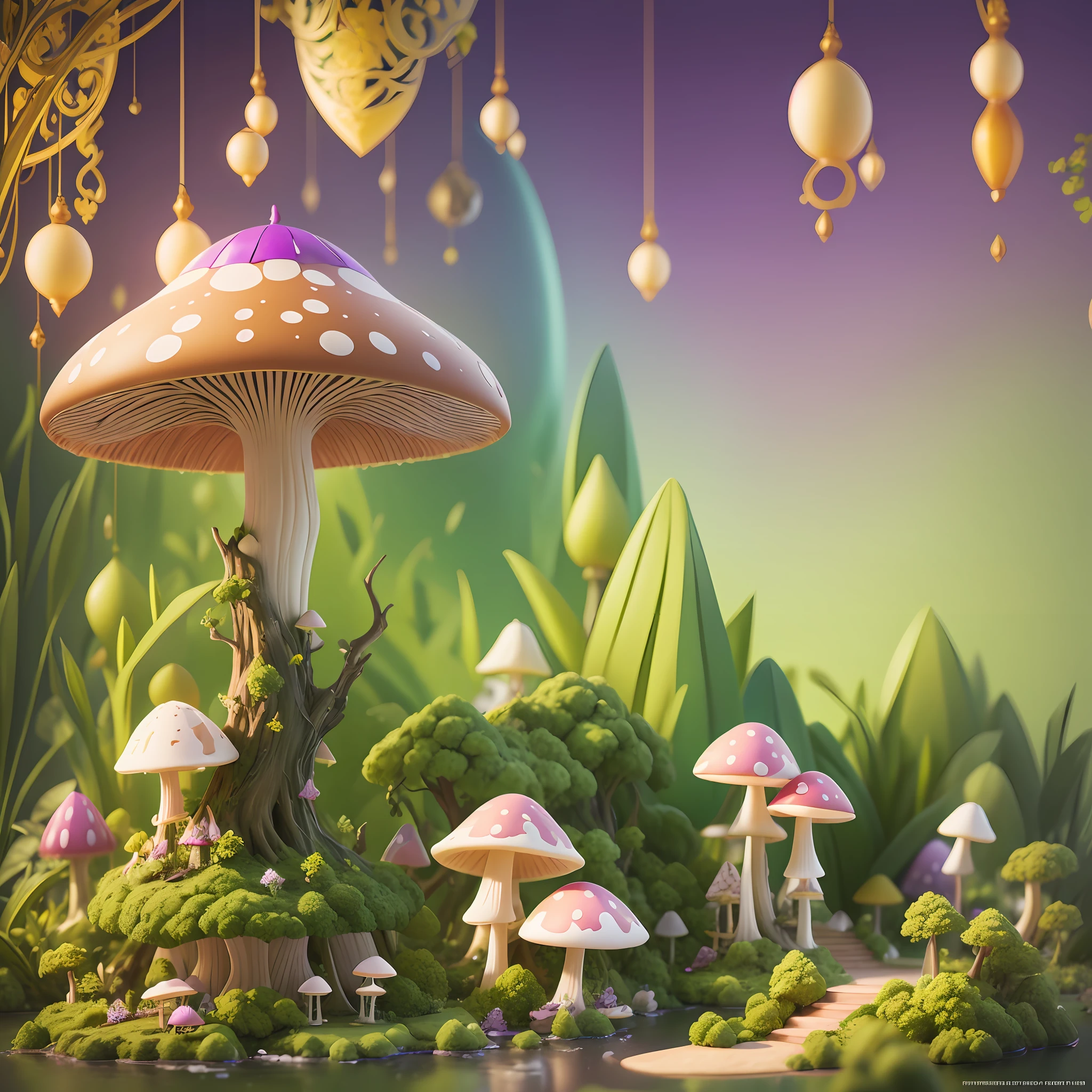 Computer Rendered Graphics, Realistic Fantasy, Extensive Landscape Ultra Photography (general view showing a mushroom, a glass goblet, an orchid inside), blurred background, gloomy, yellow, purple background, pink, warm, magic --auto --s2