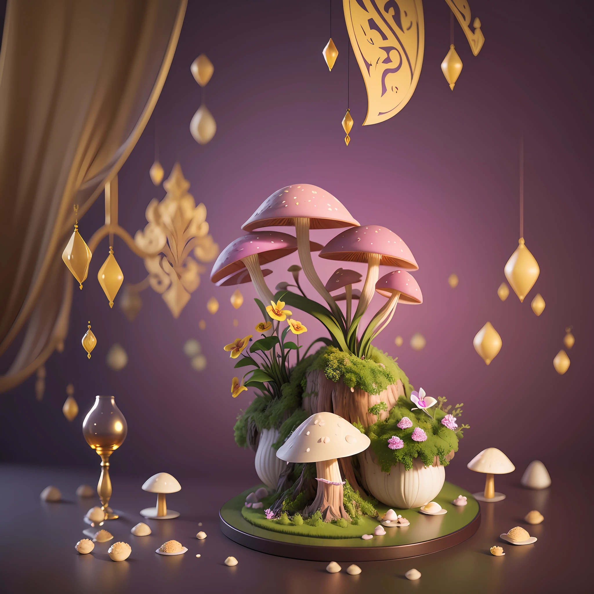 Computer Rendered Graphics, Realistic Fantasy, Extensive Landscape Ultra Photography (general view showing a mushroom, a glass goblet, an orchid inside), blurred background, gloomy, yellow, purple background, pink, warm, magic --auto --s2
