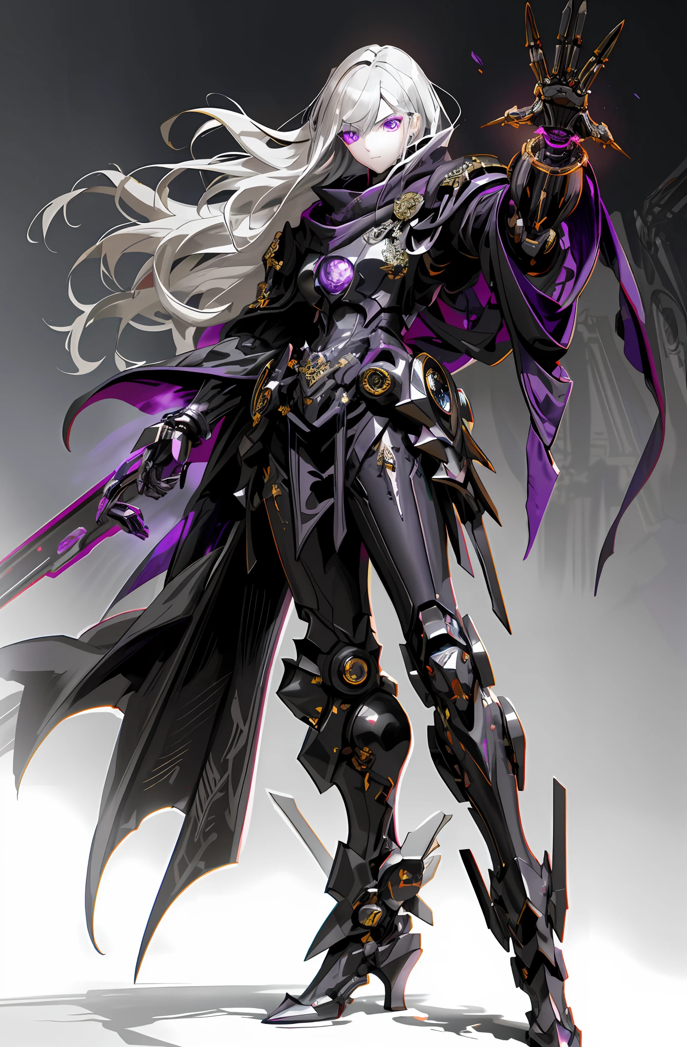 Dark_Fantasy, cyberpunk, (black purple: 1.1), 1 person, mechanical marvel, robot existence, cybernetics guardian, full body, armored dress, gray hair, long hair, mask, chinese style, shawl, black long dress, glowing eyes, purple eyes, expressionless, surrealism, drop shadow, stereogram, tachi-e, Chiaroscuro, 8k, super detail, ccurate, best quality, black dress, shawl, mechanical doll, black boots, standing in dark church, composition, proportions, foreground, medium scene, background, perspective, light, color, texture, detail, beauty, wonder. Quiet and eerie, high details, super detail, single, armored dress, dark fantacy, UHD, masterpiece, best quality, royal sister, stained glass, pretty detailed eyes, jellyfish, hand armor