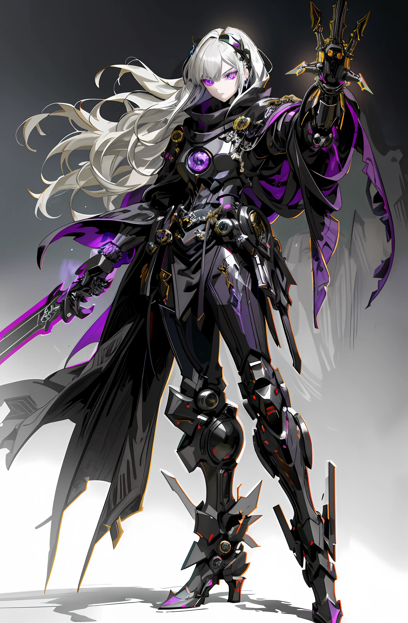 Dark_Fantasy, cyberpunk, (black purple: 1.1), 1 person, mechanical marvel, robot existence, cybernetics guardian, full body, armored dress, gray hair, long hair, mask, chinese style, shawl, black long dress, glowing eyes, purple eyes, expressionless, surrealism, drop shadow, stereogram, tachi-e, Chiaroscuro, 8k, super detail, ccurate, best quality, black dress, shawl, mechanical doll, black boots, standing in dark church, composition, proportions, foreground, medium scene, background, perspective, light, color, texture, detail, beauty, wonder. Quiet and eerie, high details, super detail, single, armored dress, dark fantacy, UHD, masterpiece, best quality, royal sister, stained glass, pretty detailed eyes, jellyfish, hand armor