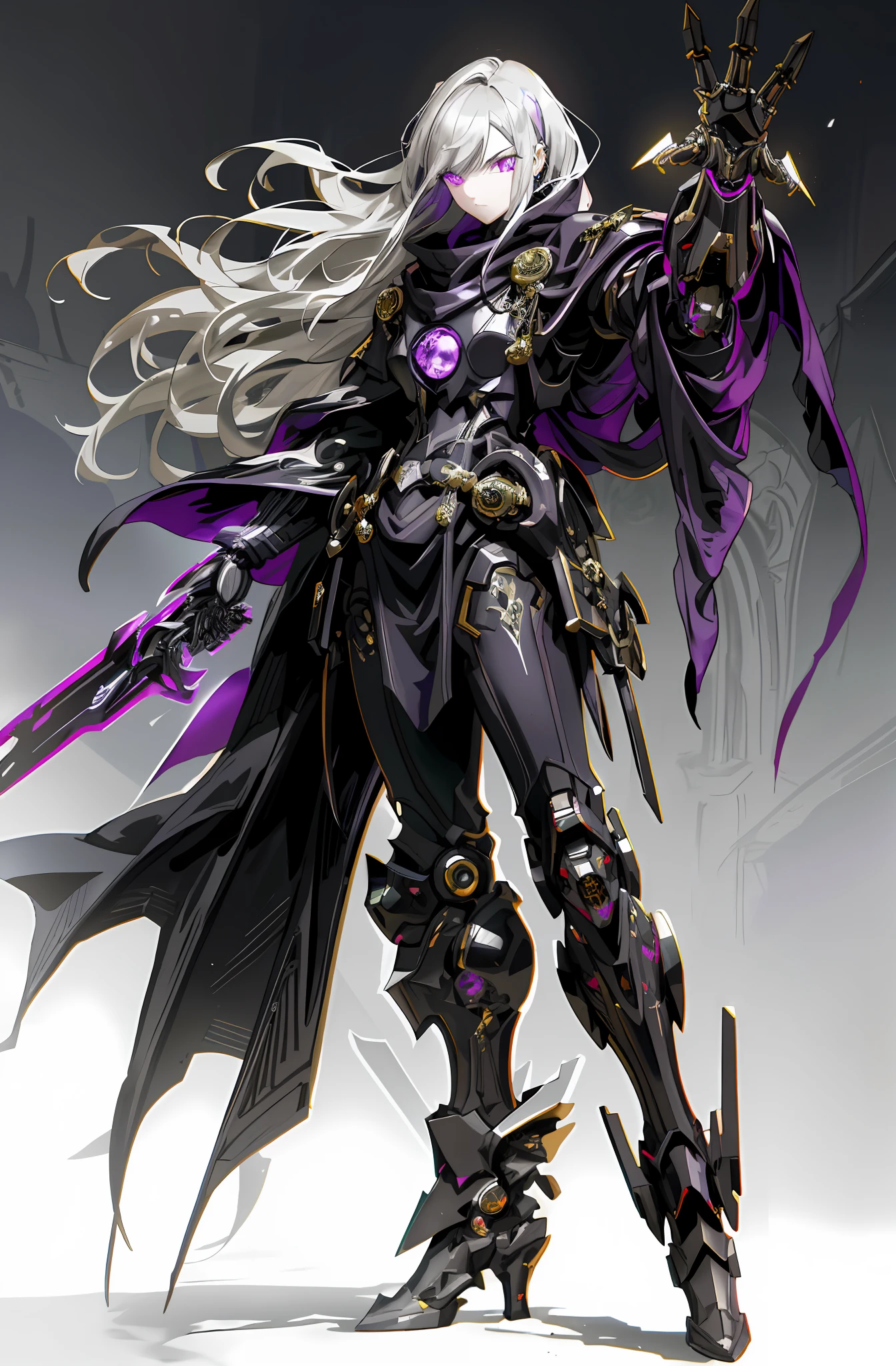 Dark_Fantasy, cyberpunk, (black purple: 1.1), 1 person, mechanical marvel, robot existence, cybernetics guardian, full body, armored dress, gray hair, long hair, mask, chinese style, shawl, black long dress, glowing eyes, purple eyes, expressionless, surrealism, drop shadow, stereogram, tachi-e, Chiaroscuro, 8k, super detail, ccurate, best quality, black dress, shawl, mechanical doll, black boots, standing in dark church, composition, proportions, foreground, medium scene, background, perspective, light, color, texture, detail, beauty, wonder. Quiet and eerie, high details, super detail, single, armored dress, dark fantacy, UHD, masterpiece, best quality, royal sister, stained glass, pretty detailed eyes, jellyfish, hand armor