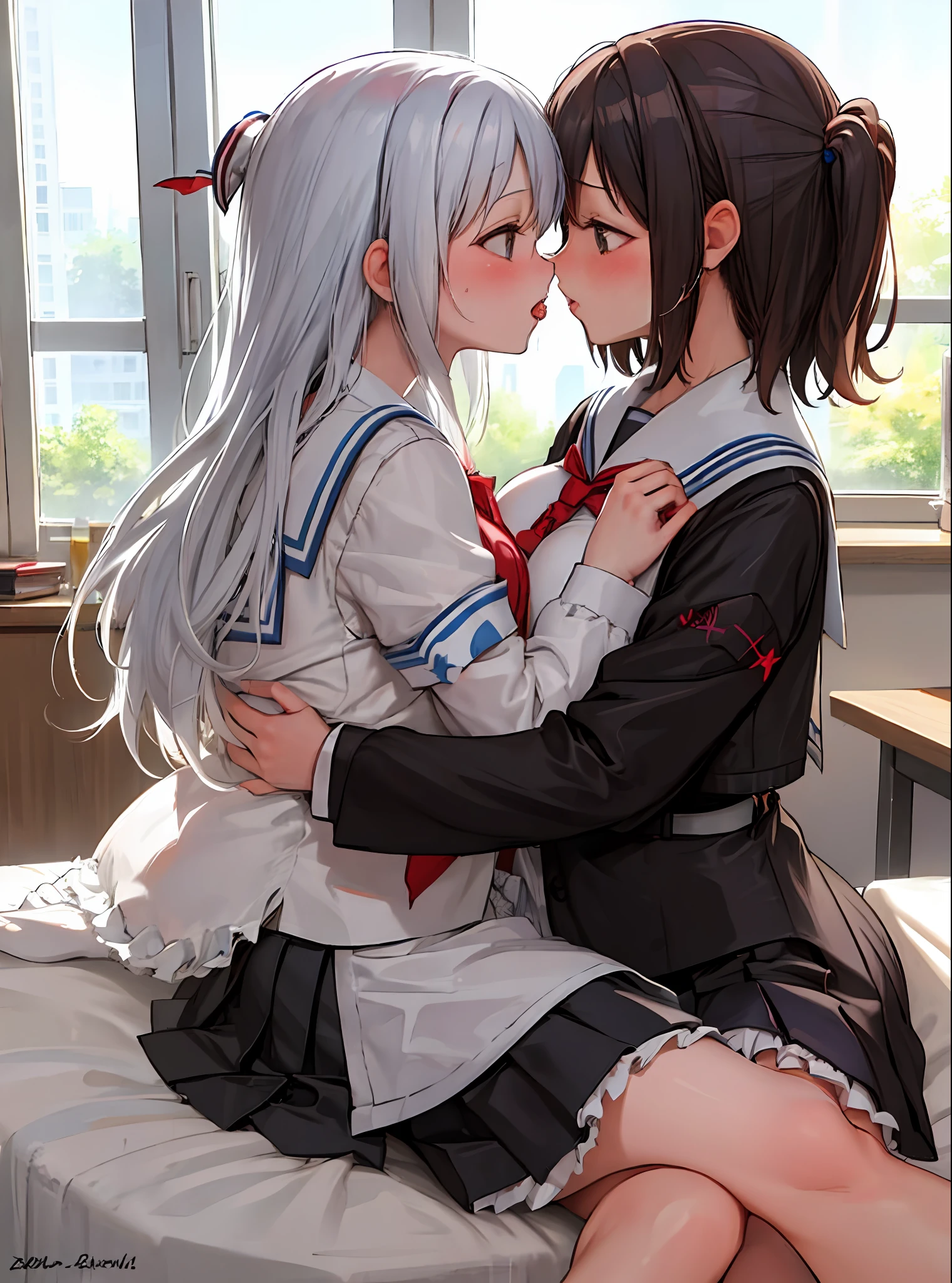 (masterpiece:1.4), two girls, kissing, school uniform, closeup