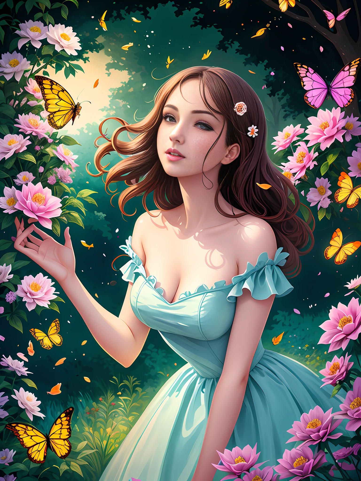 there is a woman in a blue dress standing in a garden, a beautiful artwork illustration, beautiful digital illustration, fantasy art style, beautiful digital artwork, cute detailed digital art, beautiful digital art, exquisite digital illustration, beautiful gorgeous digital art, beautiful fantasy art, very beautiful digital art, stunning digital illustration, in the art style of bowater, beautiful fantasy art portrait