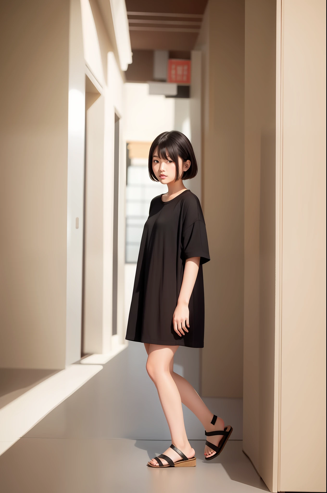 Standing, pose, short black hair, Asian girl, wearing sandals