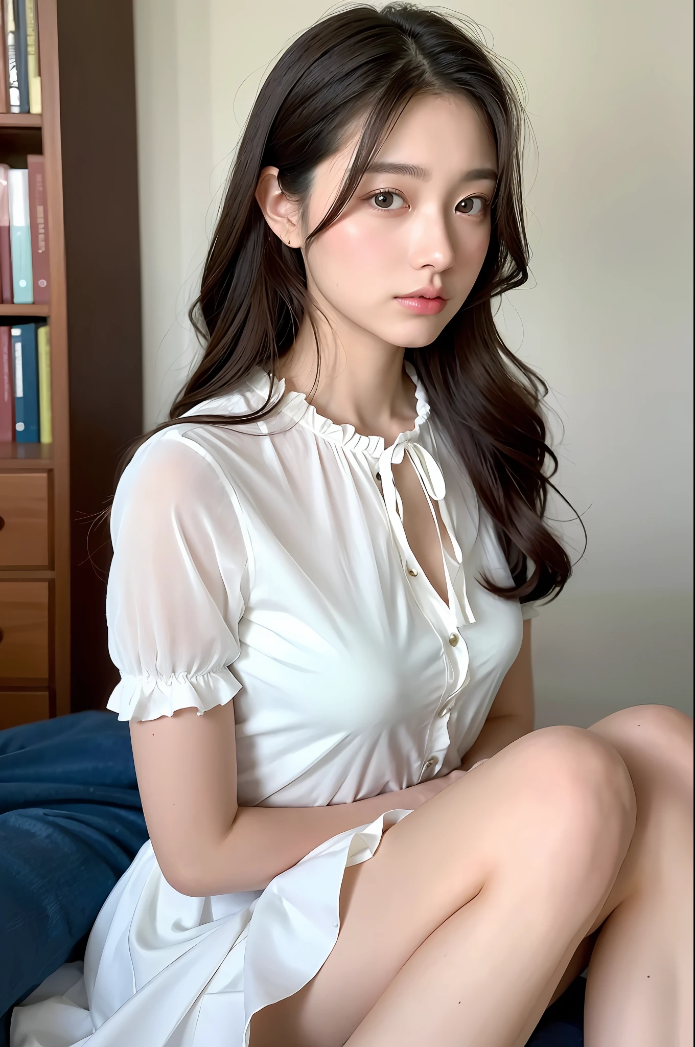 プロンプトマージ
Capture the serene beauty of a young woman immersed in the peaceful ambiance of a library. The soft, diffused lighting gently illuminates her features, highlighting her delicate expressions and creating an atmosphere of tranquility. The library's shelves filled with books provide a backdrop of knowledge and wisdom. Focus on capturing the model's natural charm and elegance, preserving the essence of a serene and introspective moment. A lovely 21-year-old Japanese gravure model with soft, wavy, ash-brown hair adorned with a ribbon, captivates with a mesmerizing expression. She is wearing a white blouse with frills, a blue skirt with frills, and white ankle socks with frills. Sitting on the bed, she embraces her knees while gazing towards the camera, exuding a melancholic allure. Create a scene where beauty and transience intertwine.