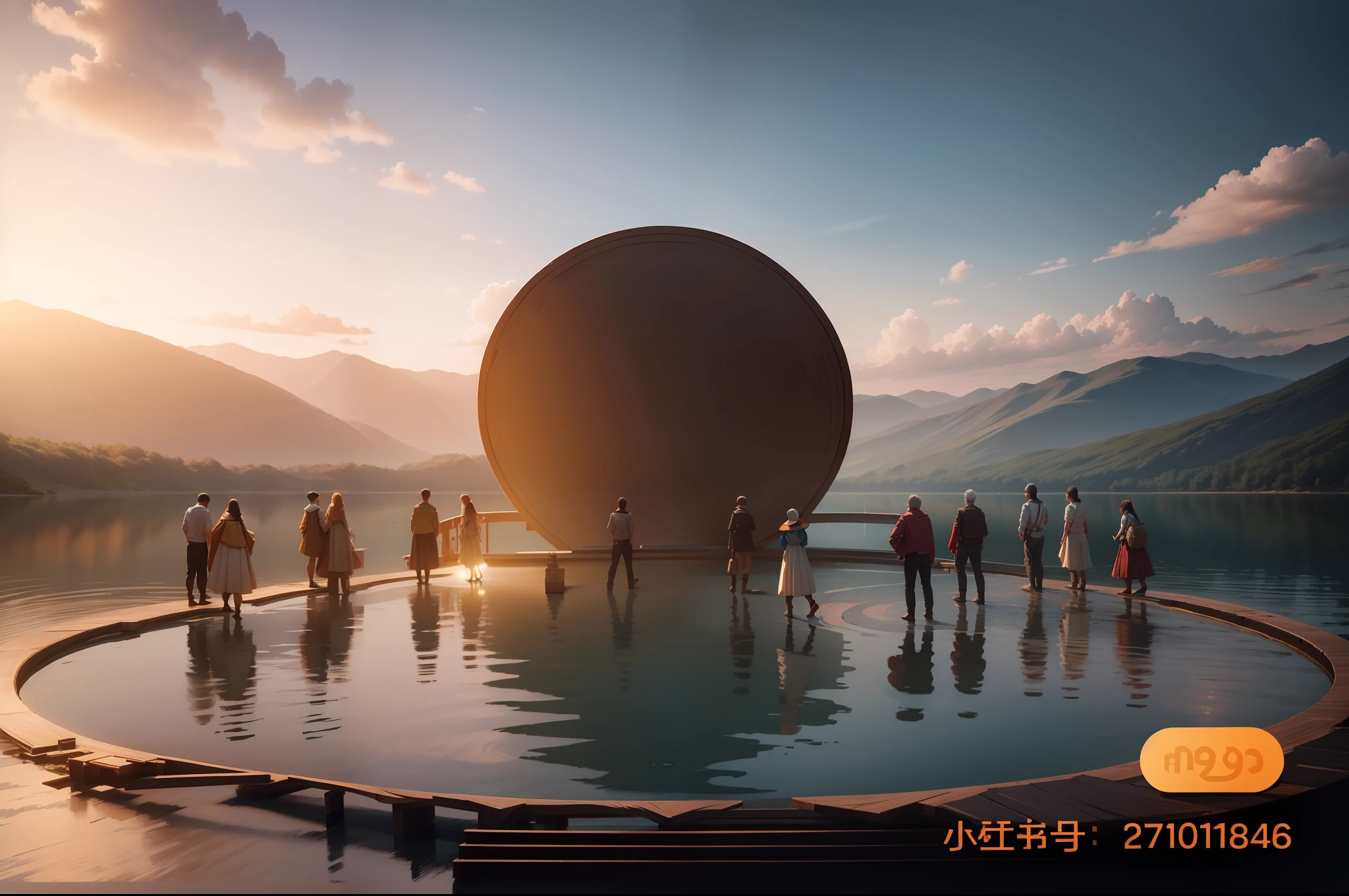 The circular valley surrounds a vast lake, and in the center of the lake there is a circular hollow wooden boardwalk, and the circular wooden boardwalk surrounds a glass boardwalk. There are boats on the lake. --auto --s2
