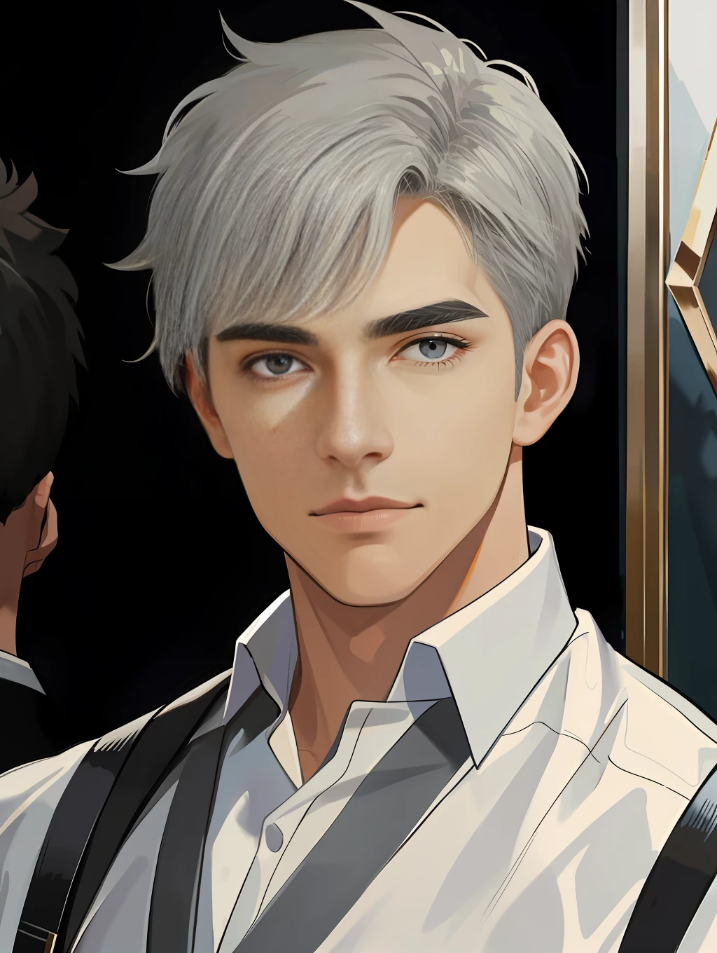 masterpiece, best quality, realistic, 1man, male focus, mature, tall muscular, handsome, [thick eyebrows], portrait, extremely detailed face, gray hair, (short hair)