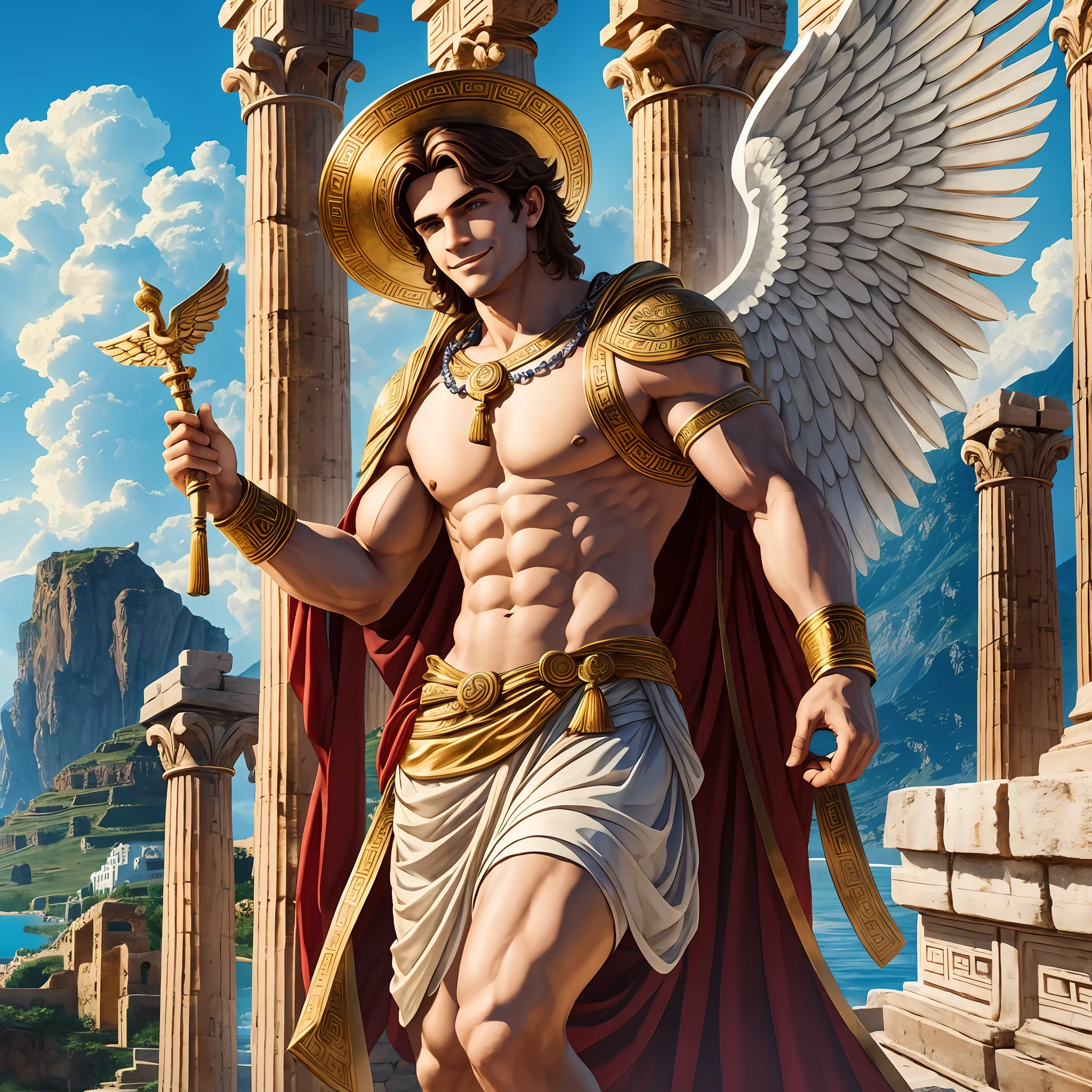 "One young male god of commerce and communication, With brown hair and brown eyes, Is light musclar, Looks very cunning and quick, Smiles a cynical smile, Puts on a wide-brim hat, Wears a greek tunic, puts on sandals with wings, holds a greek messenger's staff, caduceus", Greek mythology, Ancient Arcadian mountains and sky, Active atmosphere, Super high quality, Super accurate description of hands, HDR, Photorealistic, Super detail, Masterpiece, 8K