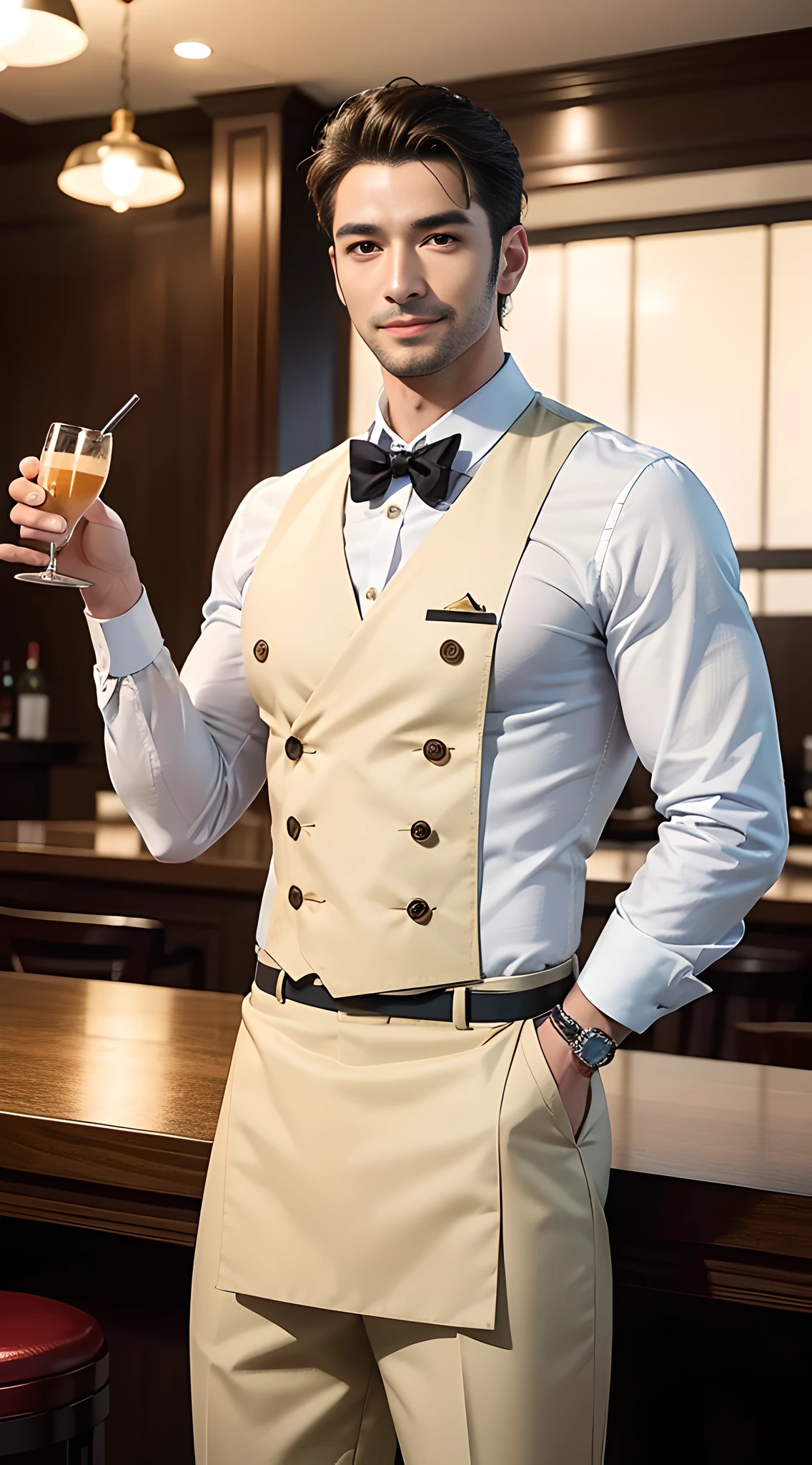 (handsome man in his 30's), handsome muscular waiter of the prestigious restaurant, he is in his 30's, yellow uniform, food and drinks, mischievous smile, (high detail:1 1), Natural muscle、highly quality、beautiful eye、(detailed face and eyes)、(faceless:1 2)、noise、real photo、...PSD、sharp focus、high resolution 8k、Realistic and professional photos、8K UHD、soft lighting、highly quality、film grain、Fujifilm XT3