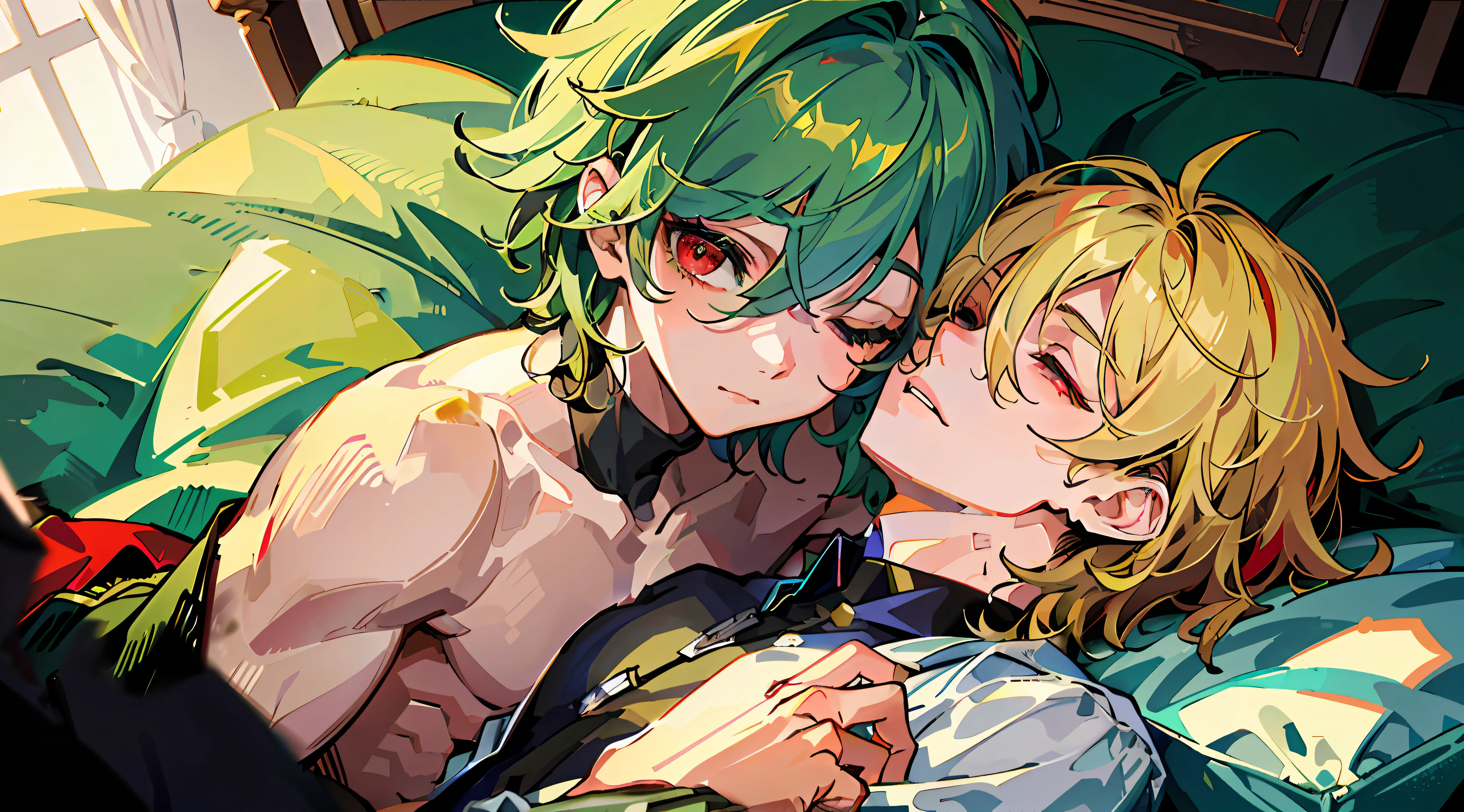 (Masterpiece: 1.4, Best Quality), (Masterpiece, Best Quality)),gay couple, (Green Hair and Eyes Cute Boy: 1.2), (Blonde Spiked Hair and Red Eyes Good Looking Boy: 1.2), sleeping with their eyes closed on the bed