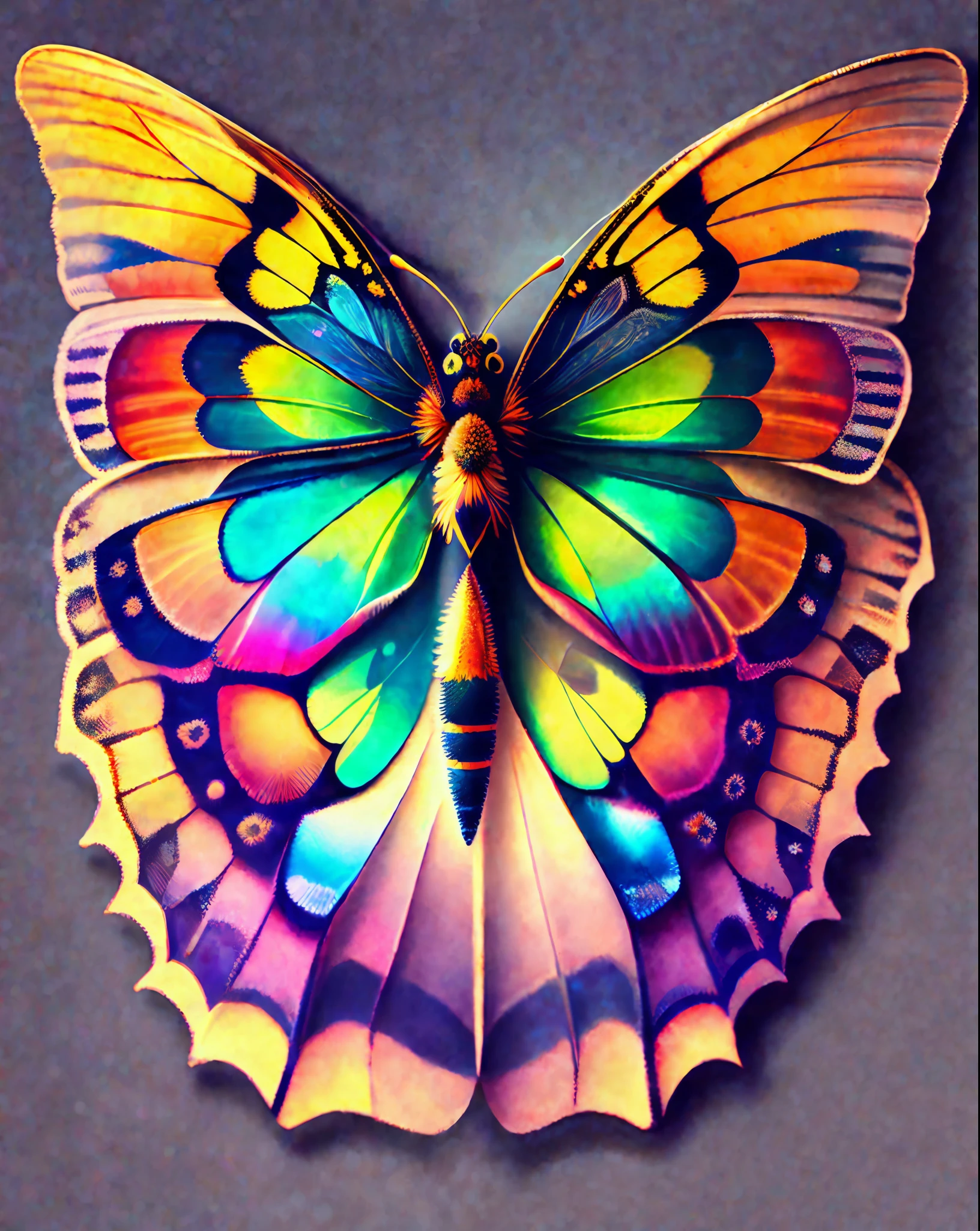 Portreit of a beautiful and realistic butterfly, rimlight, geometric pattern, 8k colored background