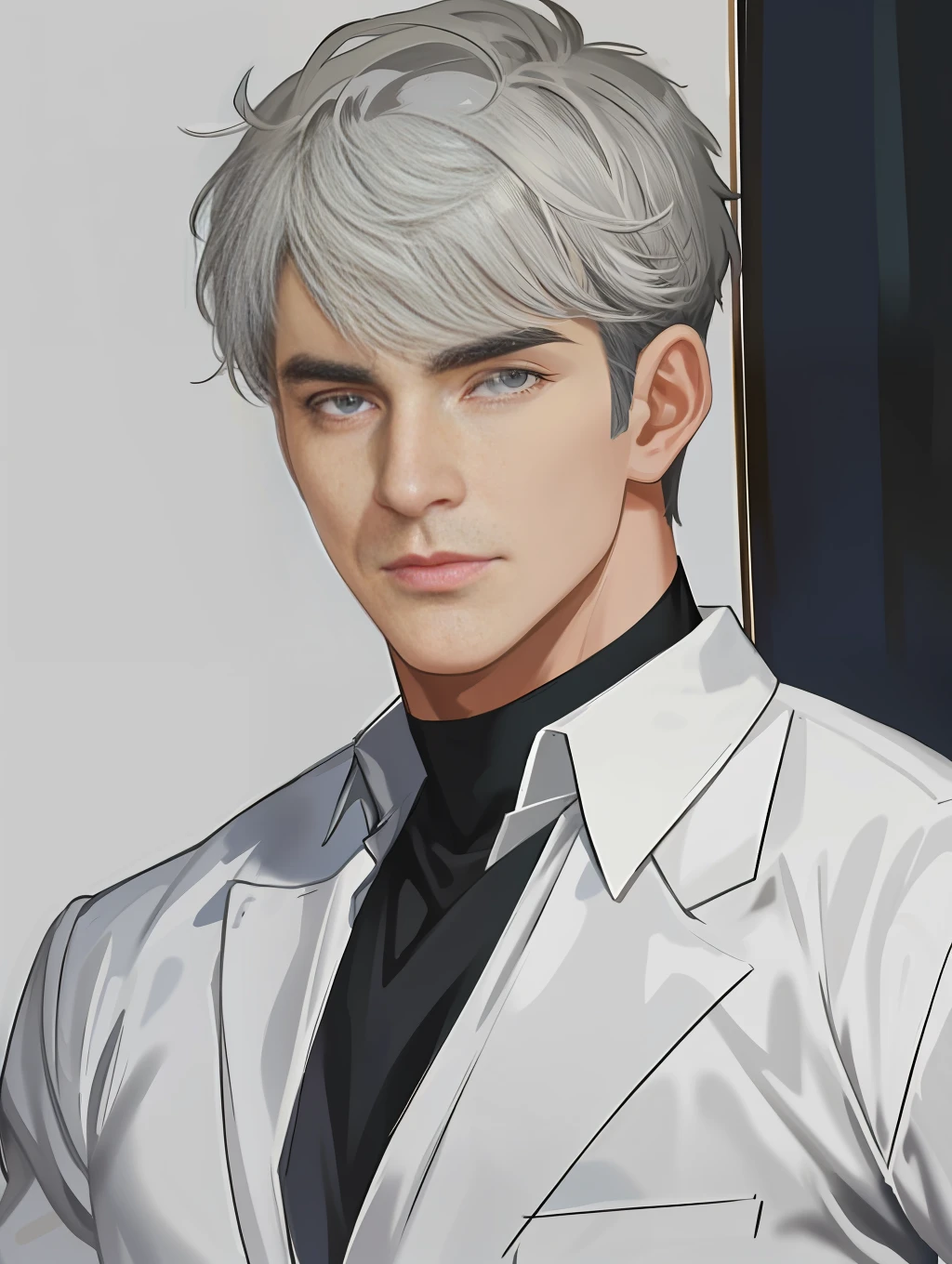 masterpiece, best quality, realistic, 1man, male focus, mature, tall muscular, handsome, [thick eyebrows], portrait, extremely detailed face, gray hair, (short hair)