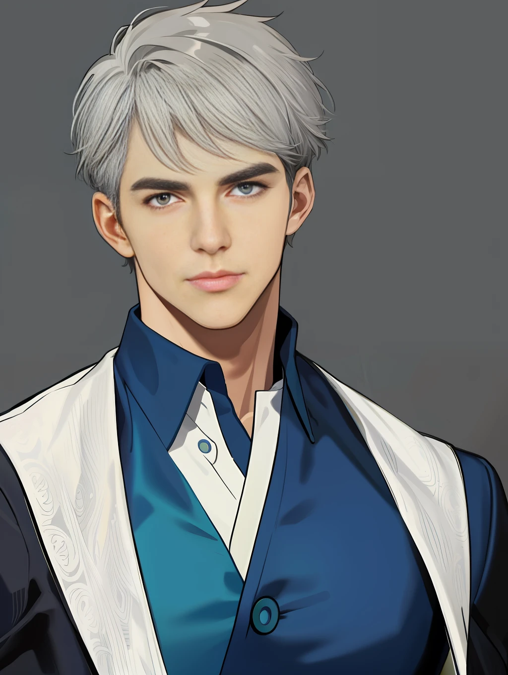 masterpiece, best quality, realistic, 1man, male focus, mature, tall muscular, handsome, [thick eyebrows], portrait, extremely detailed face, gray hair, (short hair)