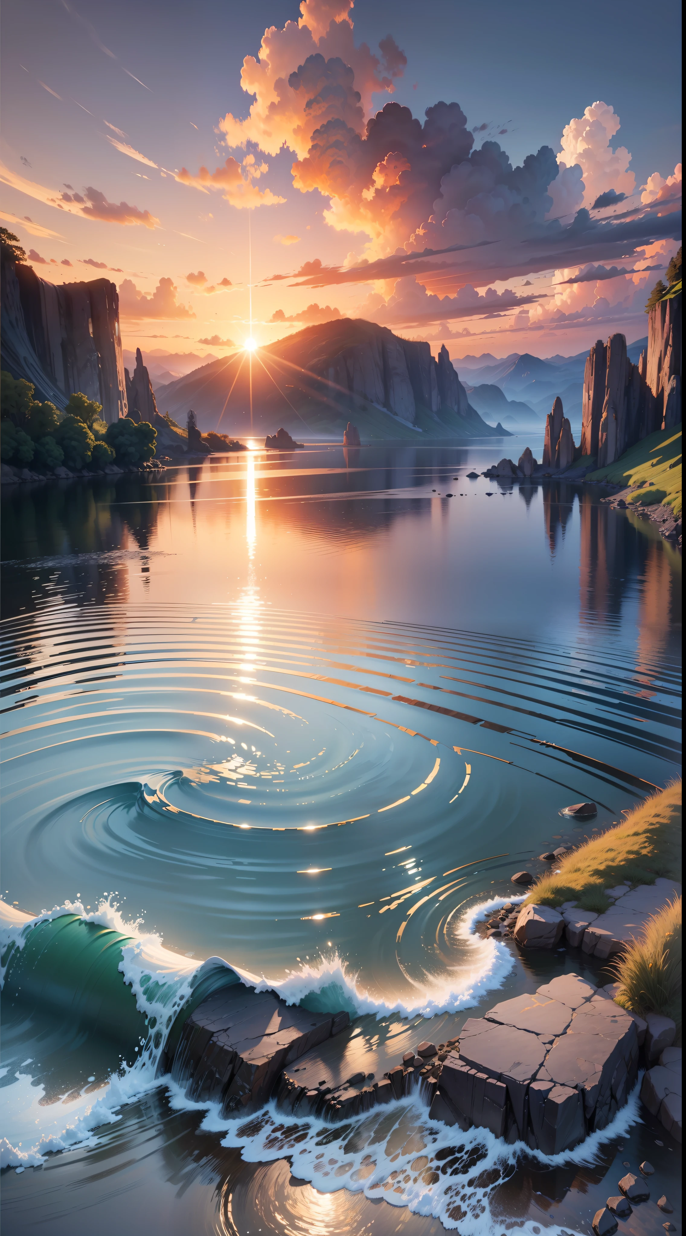 sunset, landscape, water, (very detailed CG unity 8k wallpaper), the most beautiful artwork in the world, professional majestic oil painting, intricate, high detail, clear focus, dramatic, realistic painting art, blue sky.