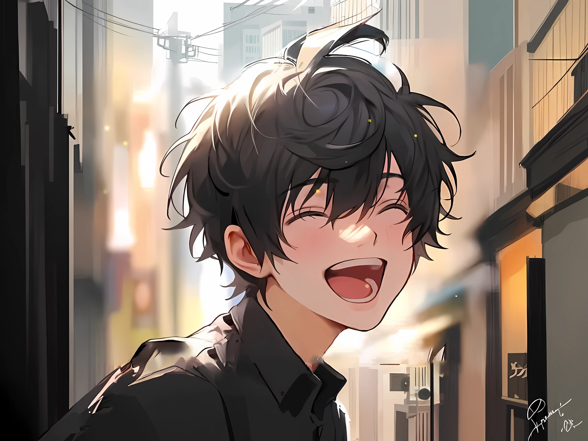 anime boy with black hair and black shirt laughing in the street, [[[[grinning evily]]]], grinning lasciviously, anime moe artstyle, smileing nright, anime boy, inspired by Okumura Masanobu, boy has short black hair, insane smile, he is smiling, young anime man, smiling sweetly