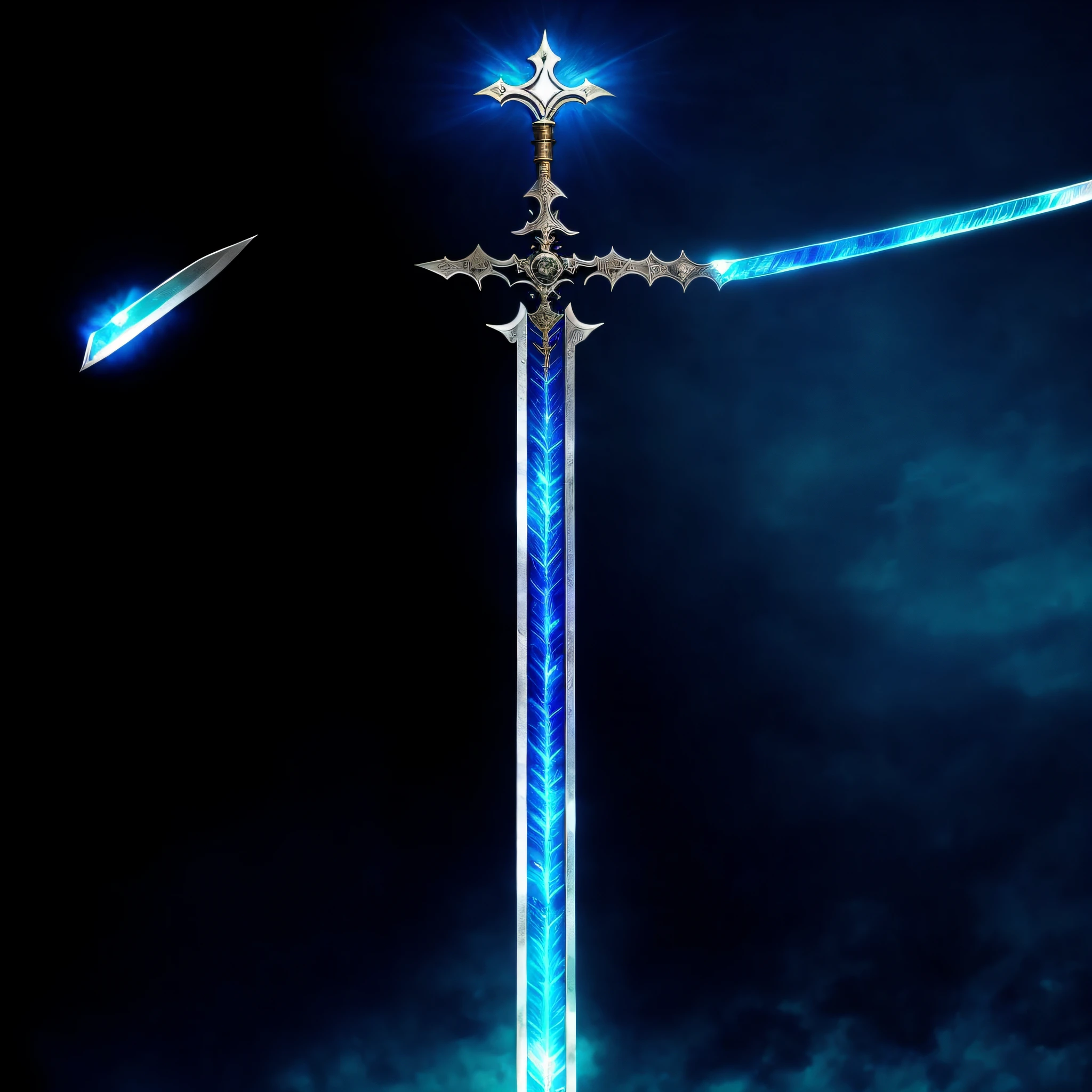 anime sword with a blue light shining on it, shinning sword, master sword, glowing sword, shining sword, magical sword, sword pointed at sky, glowing sword in hand, sword and wand – water, magic sword, a sword stuck in the ground, buster sword, greatsword, makoto shinkai movie, beautiful sword, with large sword, fate stay night