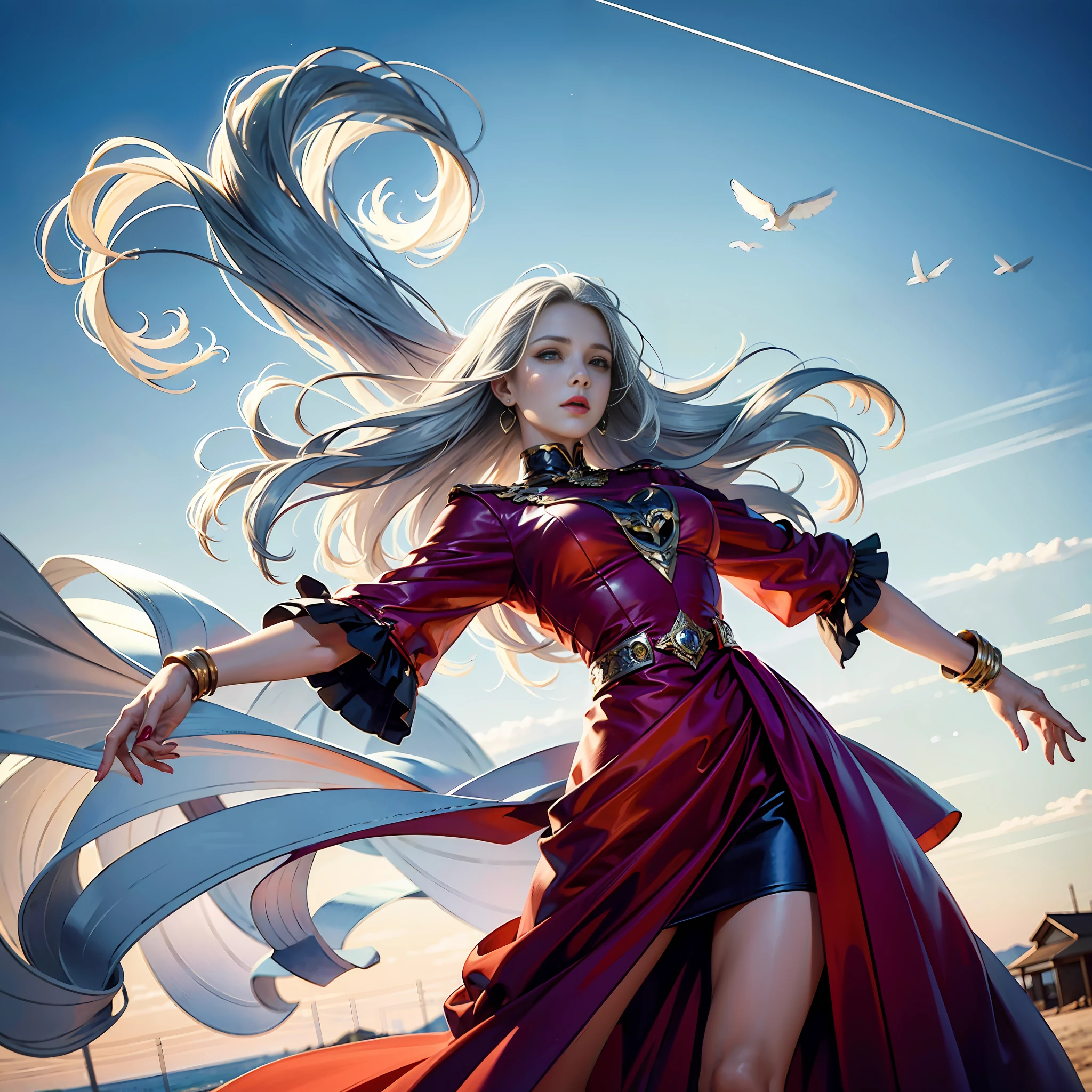 38 year old beauty, arms wide spread, high place, back figure pointing upwards, back figure, looking up at the heavens, wide open hands, red fantastic clothes, towards the sky, super detailed watercolor, fantastic background, wind is blowing from her front, beautiful long gray hair is fluttering behind her, very strong wind, beautiful, very detailed gray hair, back figure, super realism, insanely detailed, beautiful fingers, beautiful hands,