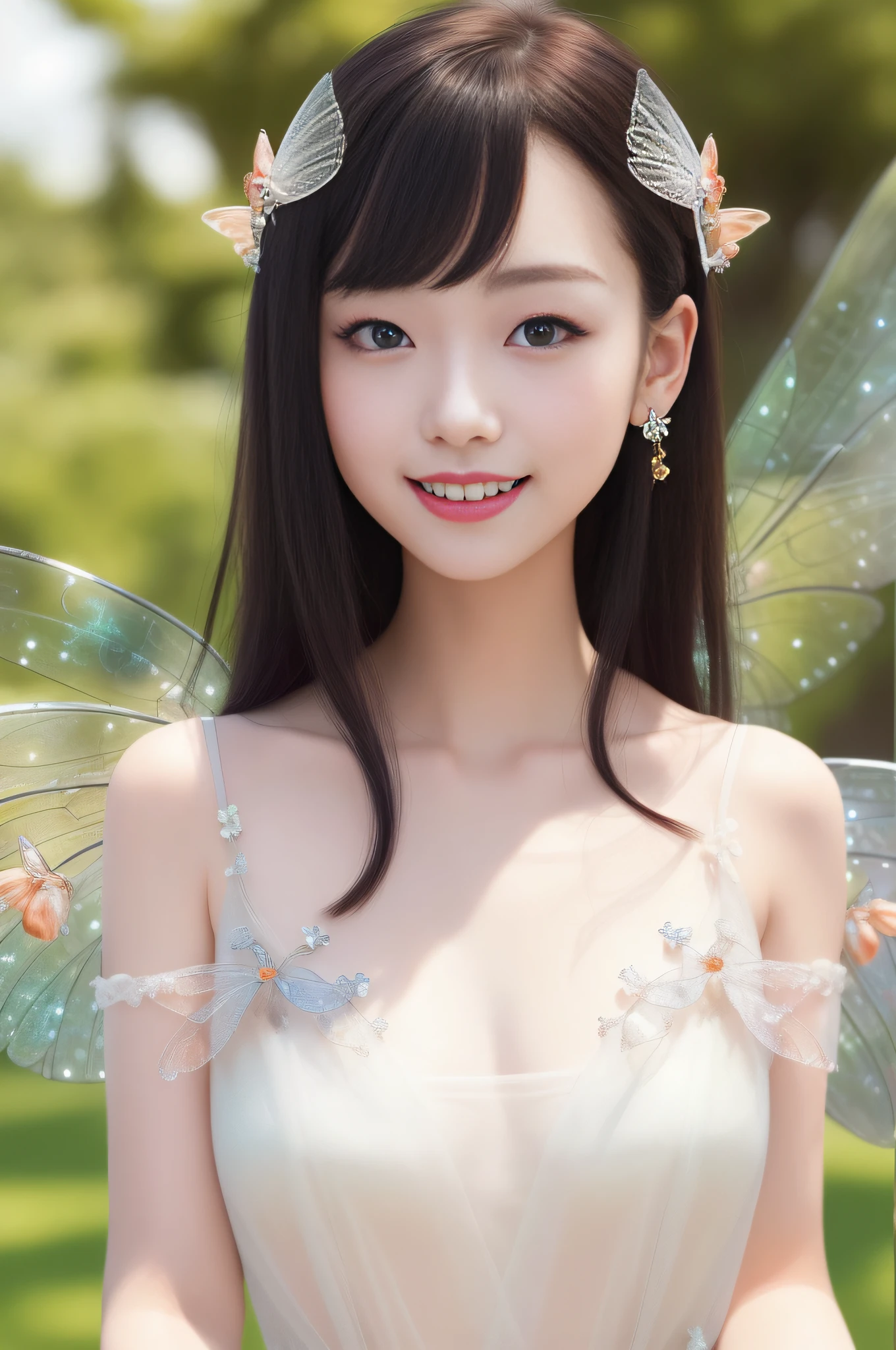 Fairiy with a Japanese face, ((best quality)), ((masterpiece)), (detailed), realistic, photo, ethereal beauty,cute,black hair, Light colored dress,(transparent fairy wings:1.2), exquisite and beautiful face, exquisite collarbone, seductive and delicate collarbone, charming fragrant shoulders, shoulders slightly exposed,peach Red lips,(smile:1.2)