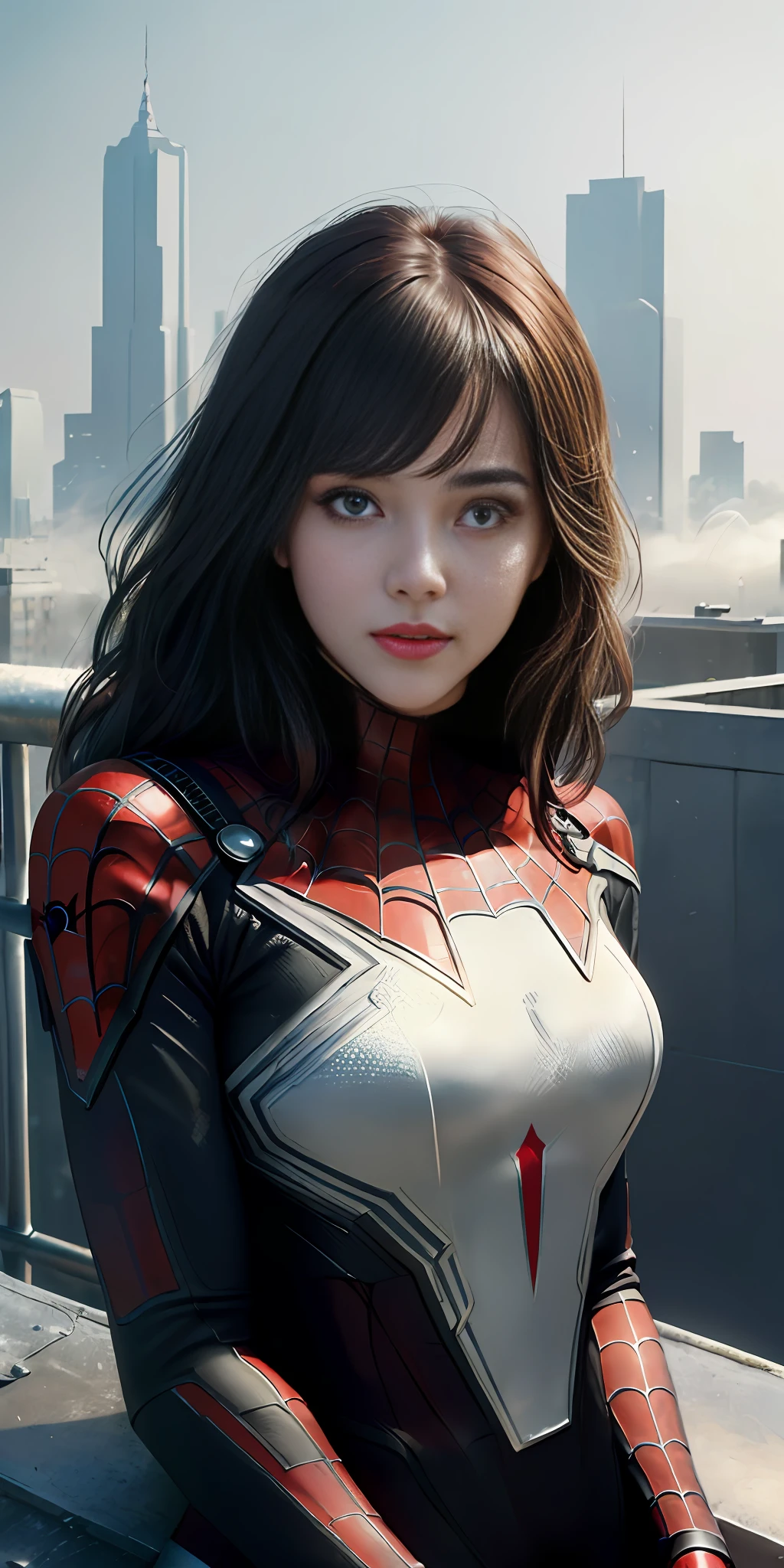 (1girl:1.3), Solo, (((Very detailed face)))), ((Very detailed eyes and face)))), Beautiful detail eyes, Body parts__, Official art, Unified 8k wallpaper, Super detailed, beautiful and beautiful, beautiful, masterpiece, best quality, original, masterpiece, super fine photo, best quality, super high resolution, realistic realism, sunlight, full body portrait, amazing beauty, dynamic pose, delicate face, vibrant eyes, (from the front), She wears Spider-Man suit, red and black color scheme, spider, very detailed city roof background, rooftop, overlooking the city, detailed face, detailed complex busy background, messy, gorgeous, milky white, highly detailed skin, realistic skin details, visible pores, clear focus, volumetric fog, 8k uhd, DSLR, high quality, film grain, fair skin, photo realism, lomography, futuristic dystopian megalopolis, translucent