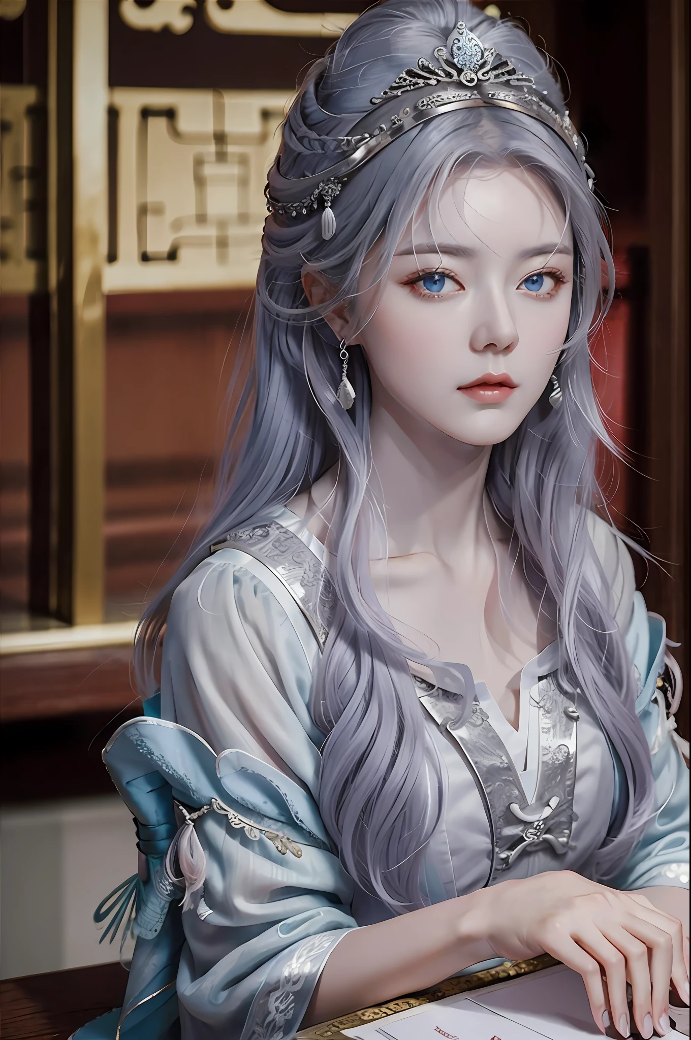 Masterpiece, Excellent, Chinese Imperial Palace, Chinese Style, Ancient China, 1 Woman, Mature Woman, Silver-White Long-Haired Woman, Gray-Blue Eyes, Pale Pink Lips, Cold, Serious, Effeminate, Bangs,