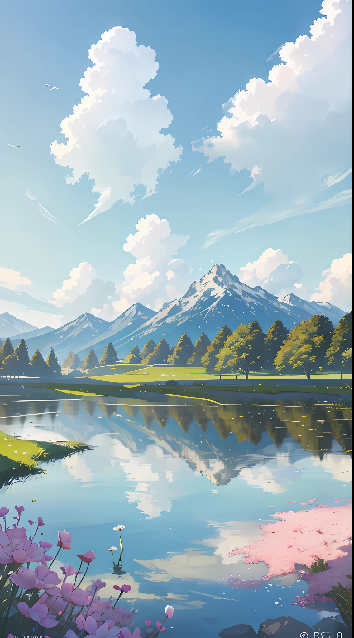 Summer, meadows, few small flowers, clear lakes, heaven, big clouds, blue sky, hot weather, HD detail, wet watermark, hyper-detail, cinematic, surrealism, soft light, deep field focus bokeh, distant is snowy mountains, ray tracing and surrealism. --v6