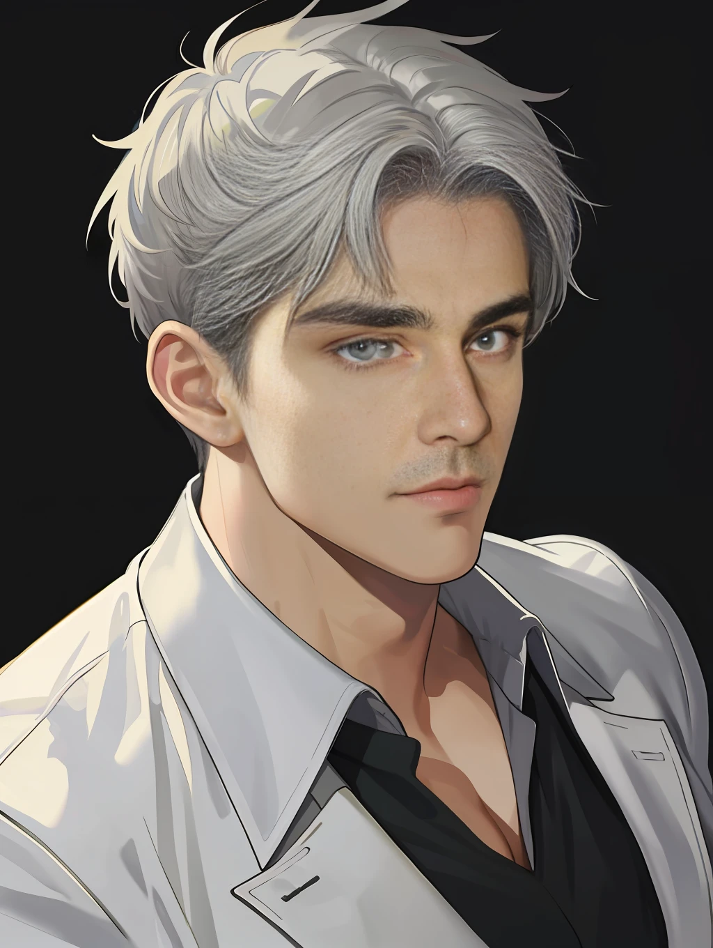 masterpiece, best quality, realistic, 1man, male focus, mature, tall muscular, handsome, [thick eyebrows], portrait, extremely detailed face, gray hair, (short hair)