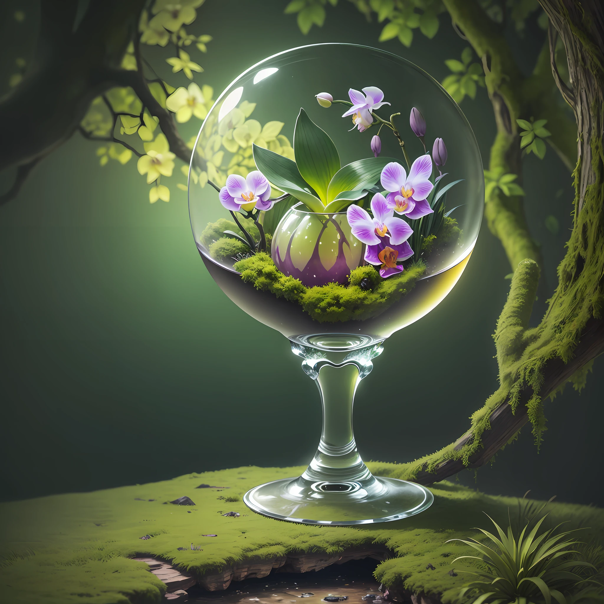 Computer Visualized Graphics, Realistic Fantasy, Extensive Landscape Ultrasound Photography (general view showing a glass goblet, an orchid inside, a tree, moss), blurred background, gloomy, yellow, green, purple background, pink, warm, magic