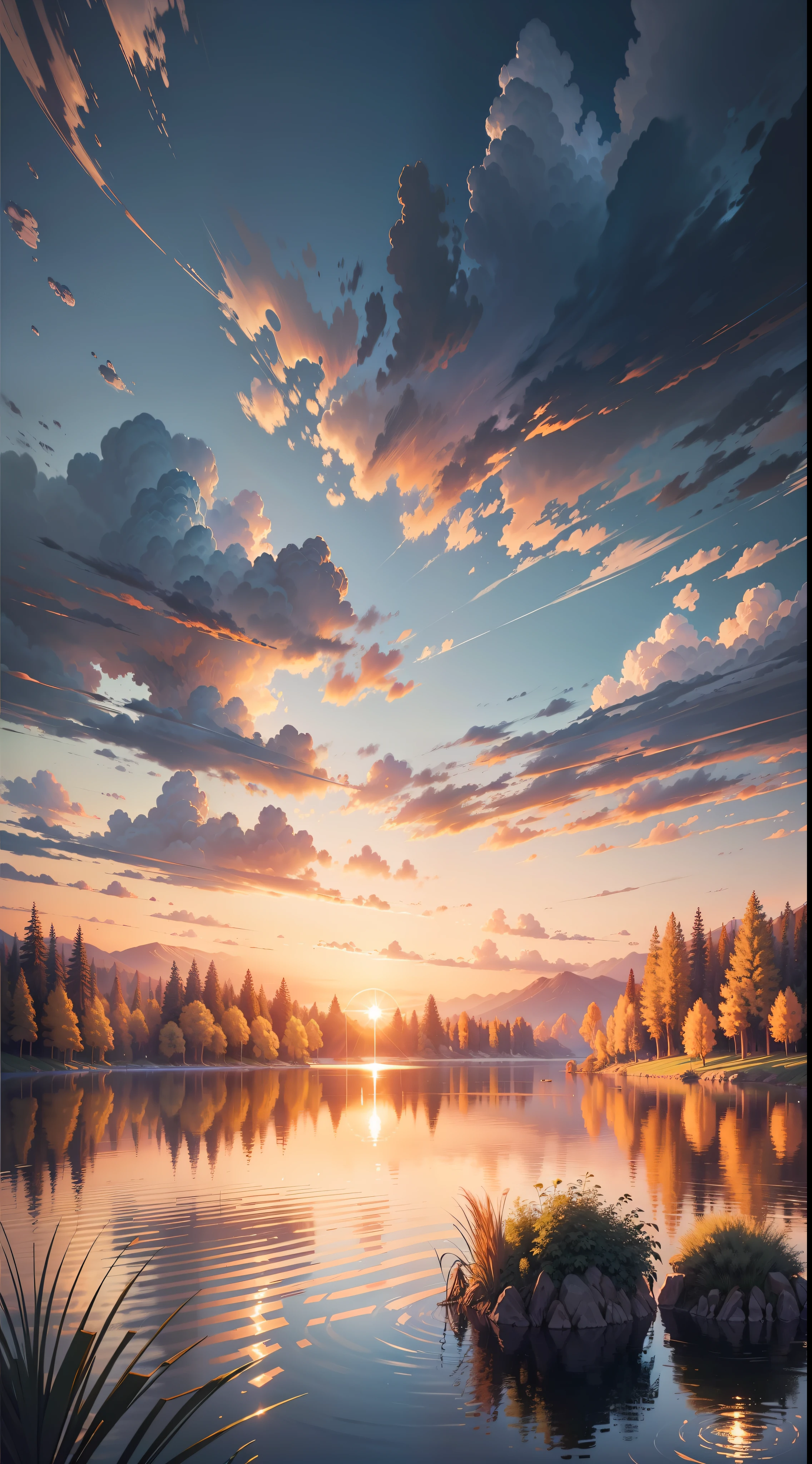 sunset, landscape, lake, (very detailed CG unity 8k wallpaper), the most beautiful artwork in the world, professional majestic oil painting, intricate, high detail, clear focus, dramatic, realistic painting art, blue sky.