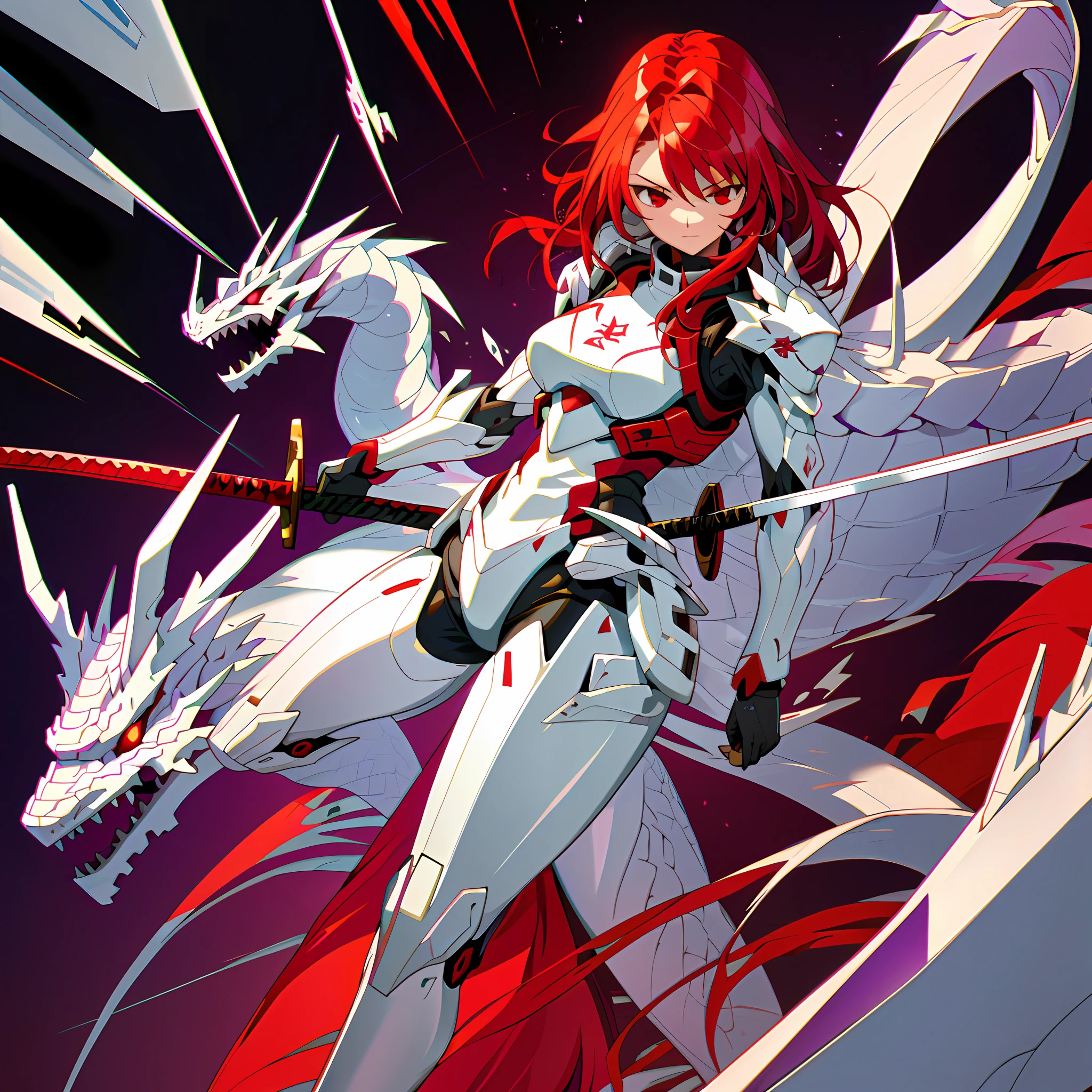 In the background there is a white dragon with red hair, tight combat suit, holding a long sword, a girl, and purple-red eyes
