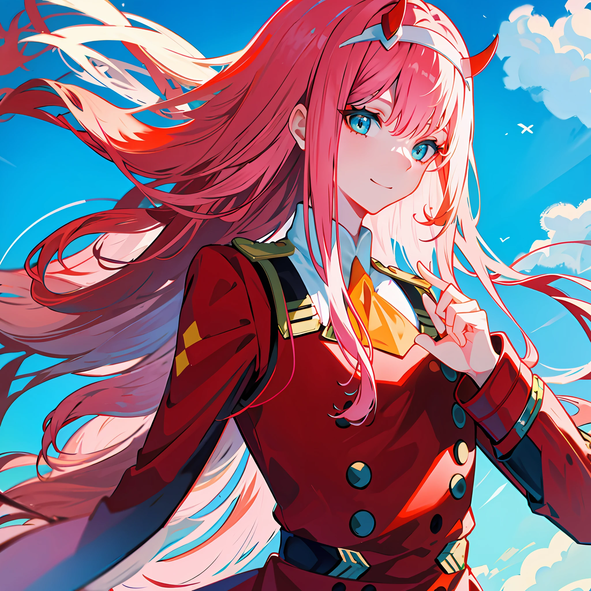 zero two \(darling in franxx\), darling in franxx, 1girl, ascot, fringe, blue background, green eyes, hair band, horns, long hair, long sleeves, looking at viewer, red jacket, closed jacket, military uniform, oni horns, orange ascot, pink hair, red horns, simple background, smile, solo, standing, uniform, white hair band, ((masterpiece)), outdoor environment, blue sky,  Focus on the character