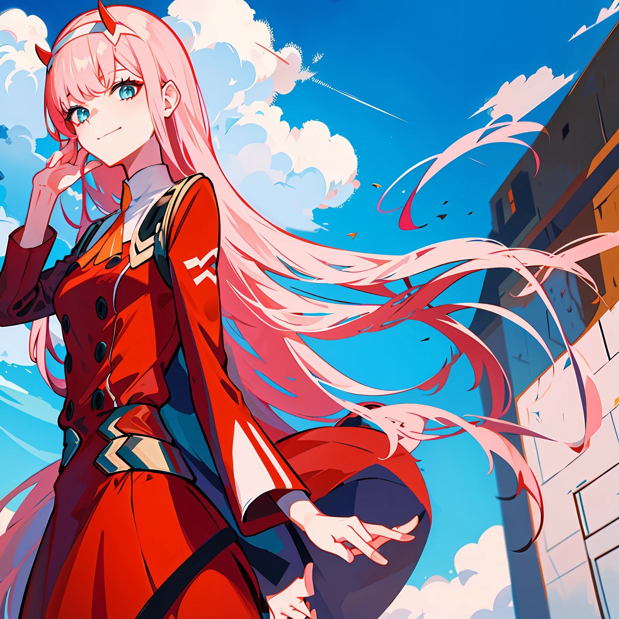 zero two \(darling in franxx\), darling in franxx, 1girl, ascot, fringe, blue background, green eyes, hair band, horns, long hair, long sleeves, looking at viewer, red jacket, closed jacket, military uniform, oni horns, orange ascot, pink hair, red horns, simple background, smile, solo, standing, uniform, white hair band, ((masterpiece)), outdoor environment, blue sky,  Focus on the character