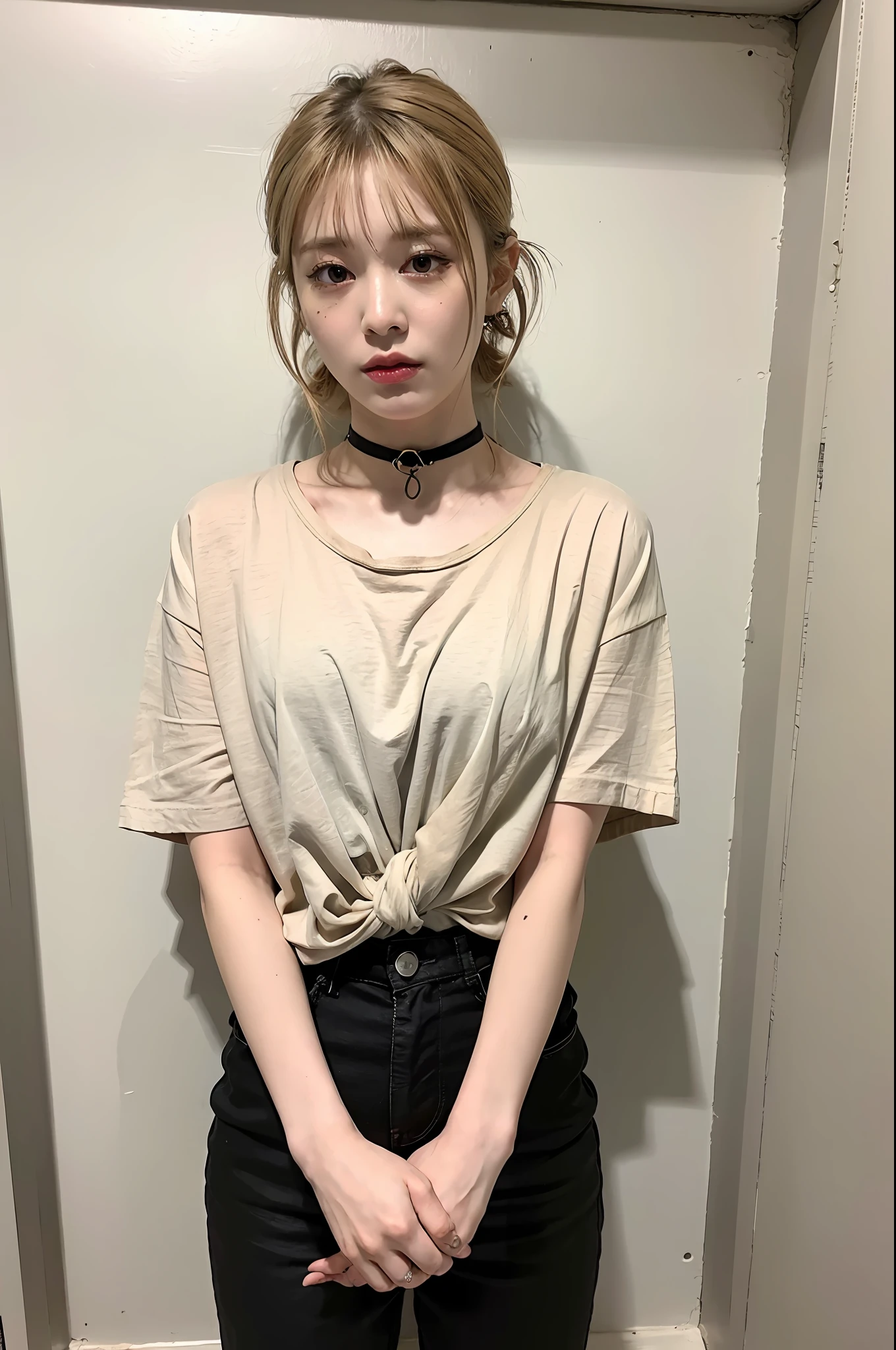 (8k:1.27), best quality, masterpiece, ultra highres:1.2), arrested lesbian goth delinquent girl with arm tattoos, tattooed girl, full body picture, beige oversized knotted prisoner t-shirt with black letters, short big sleeves, beige inmate prison uniform, beige short inmate pants, dyed green hair, dyed blonde hair, short bob hairstyle, high ponytail, hair bangs, kneeling in a prison cell, handcuffed, hands tied with rope behind body, submissive neck choker, 4k or 8k picture, looking sad, paisley bandana ribbon hairband, nose septum piercing, wearing dirty old clothes, smelly