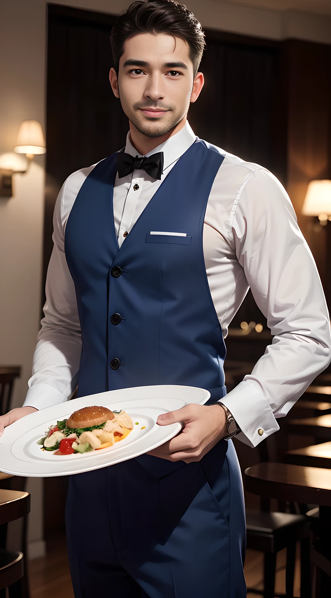 (handsome man in his 30's), handsome muscular waiter of the prestigious restaurant,  he is in his 30's, blue uniform, food and drinks, mischievous smile, (high detail:1 1), Natural muscle、highly quality、beautiful eye、(detailed face and eyes)、(faceless:1 2)、noise、real photo、...PSD、sharp focus、high resolution 8k、Realistic and professional photos、8K UHD、soft lighting、highly quality、film grain、Fujifilm XT3