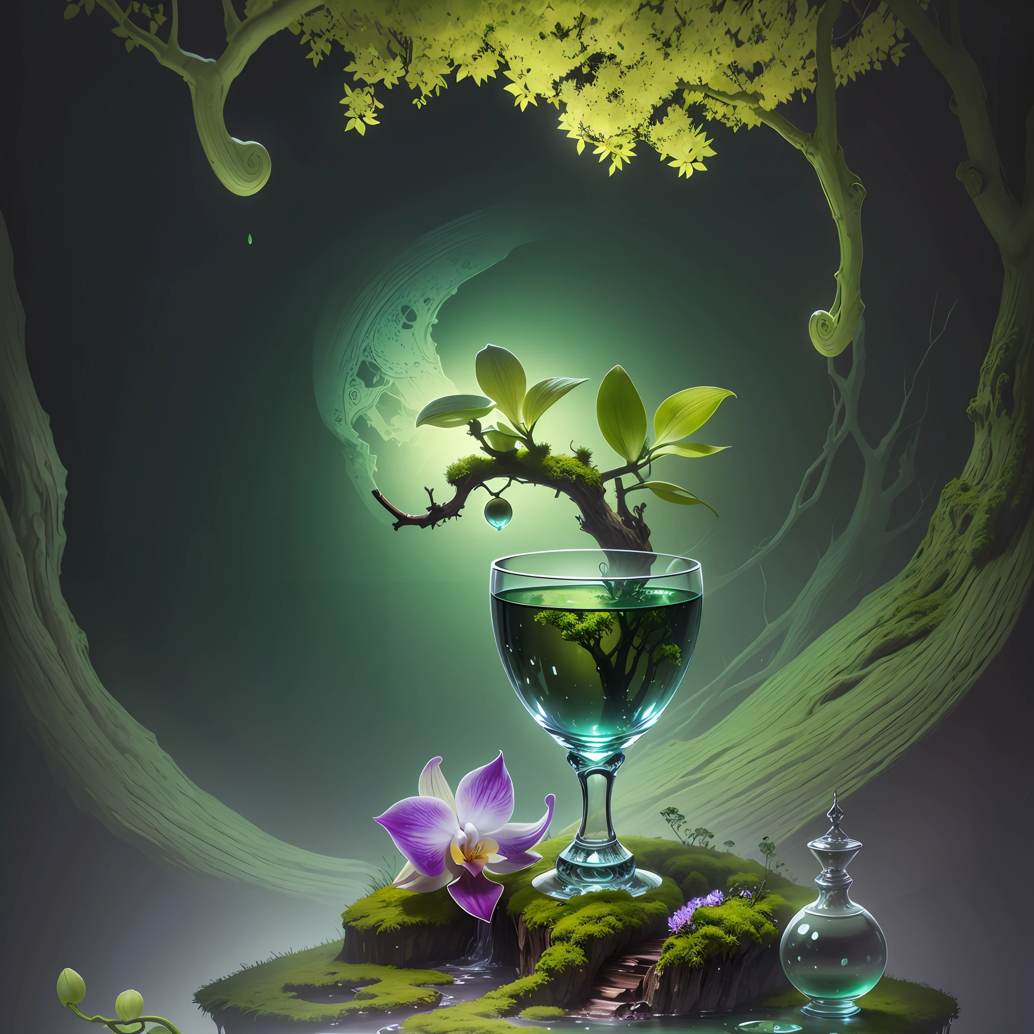 Computer Visualized Graphics, Realistic Fantasy, Extensive Landscape Ultrasound Photography (general view showing a glass goblet, an orchid inside, a tree, moss), blurred background, gloomy, yellow, green, purple background, pink, warm, magic