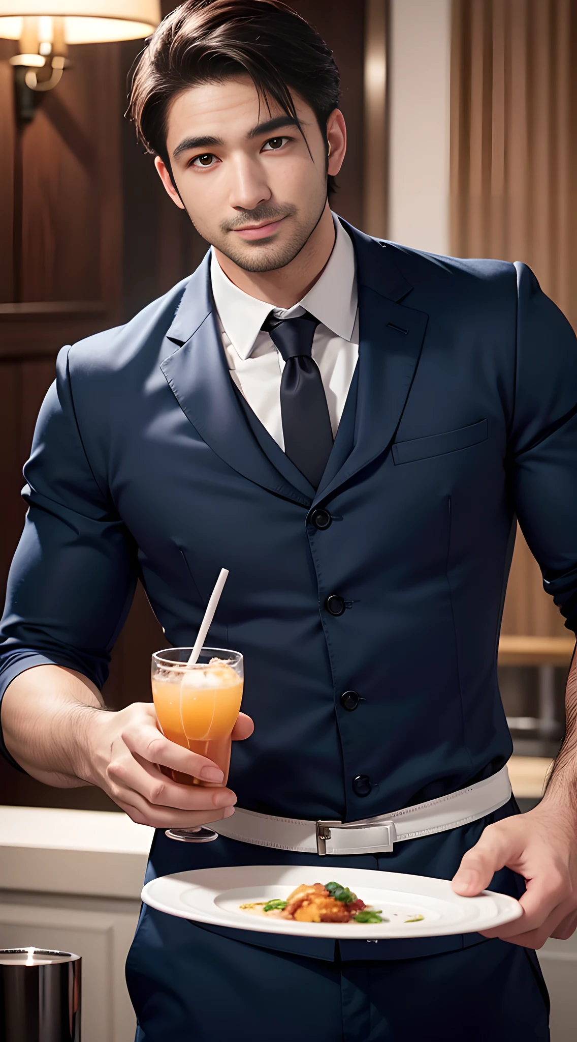 (handsome man in his 30's), handsome muscular waiter of the prestigious restaurant,  he is in his 30's, blue uniform, food and drinks, mischievous smile, (high detail:1 1), Natural muscle、highly quality、beautiful eye、(detailed face and eyes)、(faceless:1 2)、noise、real photo、...PSD、sharp focus、high resolution 8k、Realistic and professional photos、8K UHD、soft lighting、highly quality、film grain、Fujifilm XT3