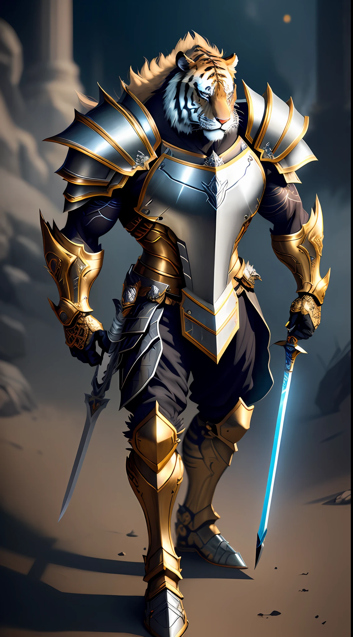 Majestic anthropomorphic tiger knight with full body muscular body wielded gleaming sword, portrait,finely detailed armor and crown, cinematic lighting, intricate filigree metal design,neon cyberpank 4k, 8k, unreal engine, octane rendering, --air 9:16 --testp --upbeta