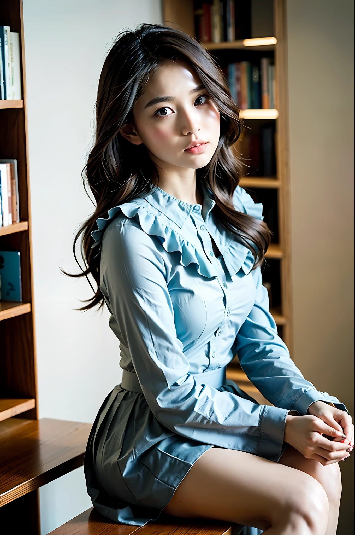 Prompt Merge

Capture the serene beauty of a young woman immersed in the peaceful atmosphere of the library. Soft diffused lighting gently illuminates her features, emphasizing her delicate expression and creating a tranquil atmosphere. Library shelves filled with books provide a background of knowledge and wisdom. It focuses on capturing the natural charm and elegance of the model, maintaining the essence of calm and reflective moments. A lovely 21-year-old Japan gravure model with soft, wavy gray-brown hair adorned with ribbons captivates with a seductive look. She wears a white blouse with ruffles, a blue skirt with ruffles and white ankle socks with ruffles. Wearing short white socks and pumps is fascinating. Crouching in front of a bookshelf, she stares at the camera, exuding a melancholic charm. Create a scene where beauty and ephemerality intertwine.